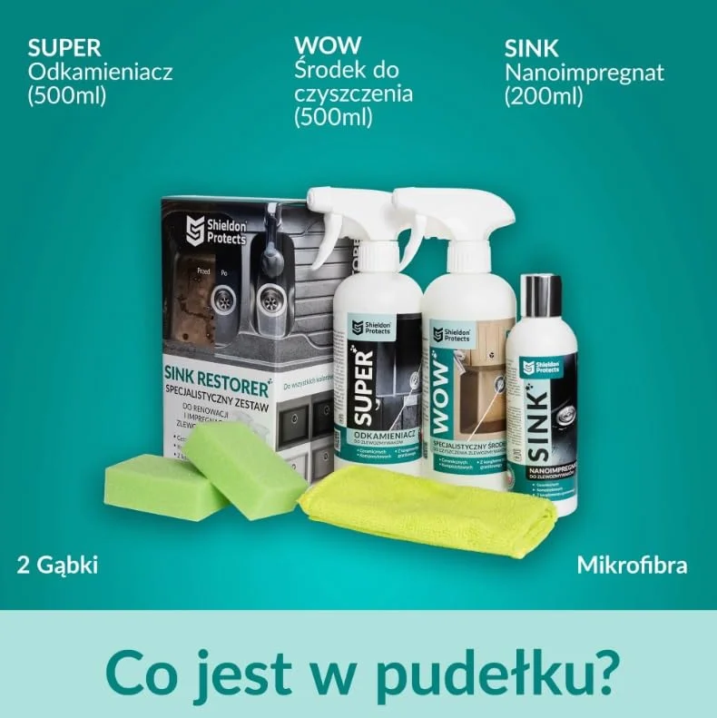Shieldon Protects Kit de Rénovation pour Éviers en Granit et Composite - Nettoyant Pierre Naturelle, Anti-Calcaire et Imperméabilisant Hydrofuge pour Pierre Cuisine - Avec 2 Éponges et Chiffon