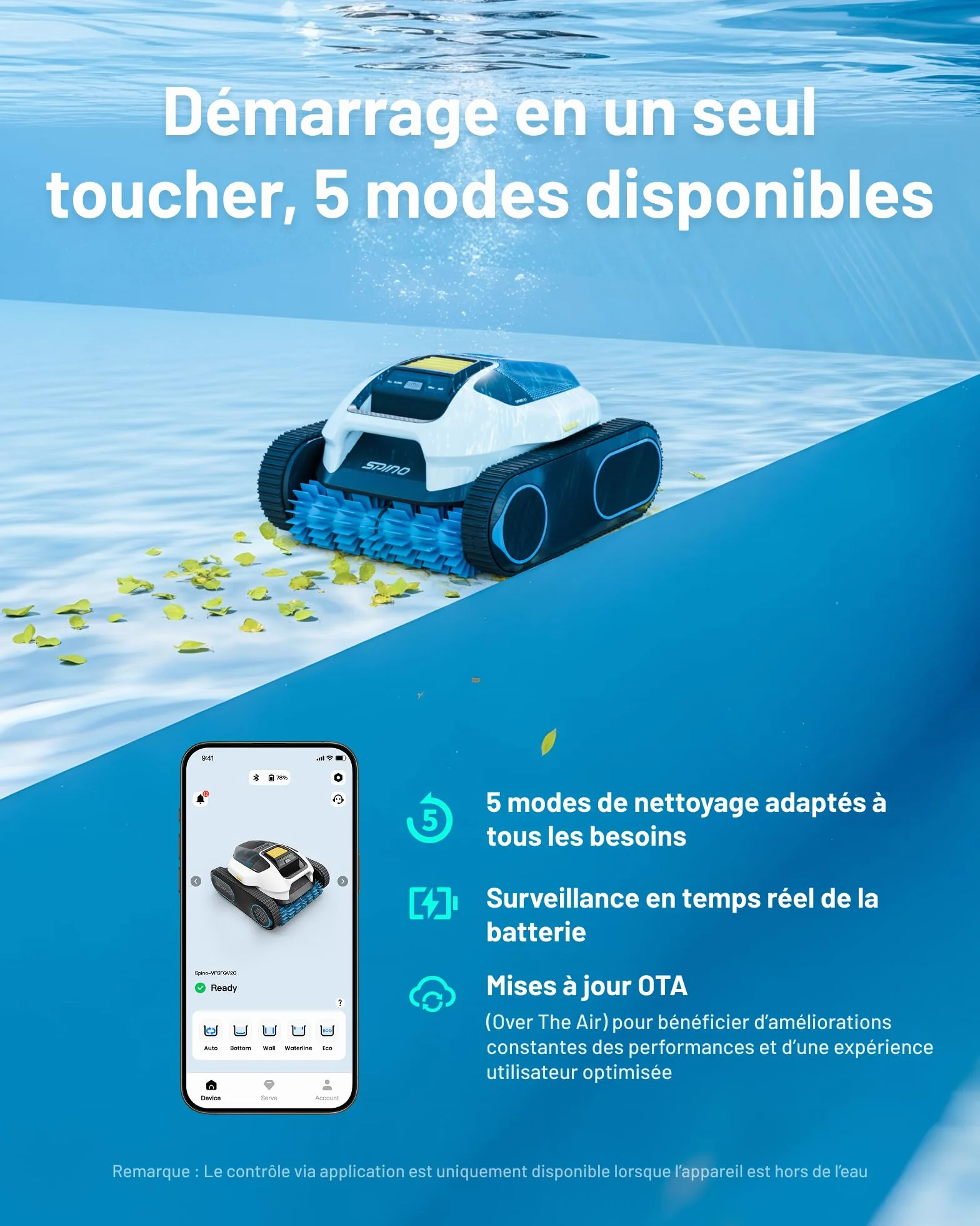 SPINO E1 Robot Piscine Fond et Parois, 210 Min Autonomie, 21950 LPH Aspiration, 5 Modes, SmartArc, App, Idéal 150㎡