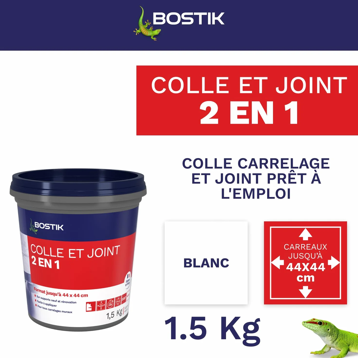 Bostik Colle Pâte et Joint 2 en 1 – Colle Carrelage Murale et Joint de Carrelage Prêt à l’Emploi – Idéale pour Cuisine et Salle de Bain – Blanc – Seau de 1,5 kg