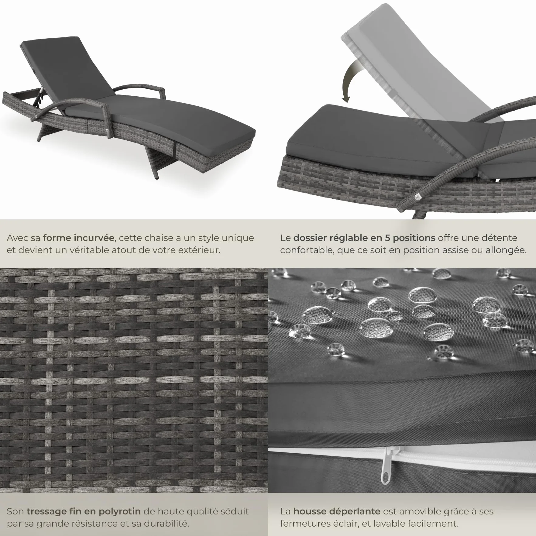 Tectake Chaise Longue Bain de Soleil Résine Tressée Aluminium Dossier Inclinable 5 Positions Transat Jardin Exterieur