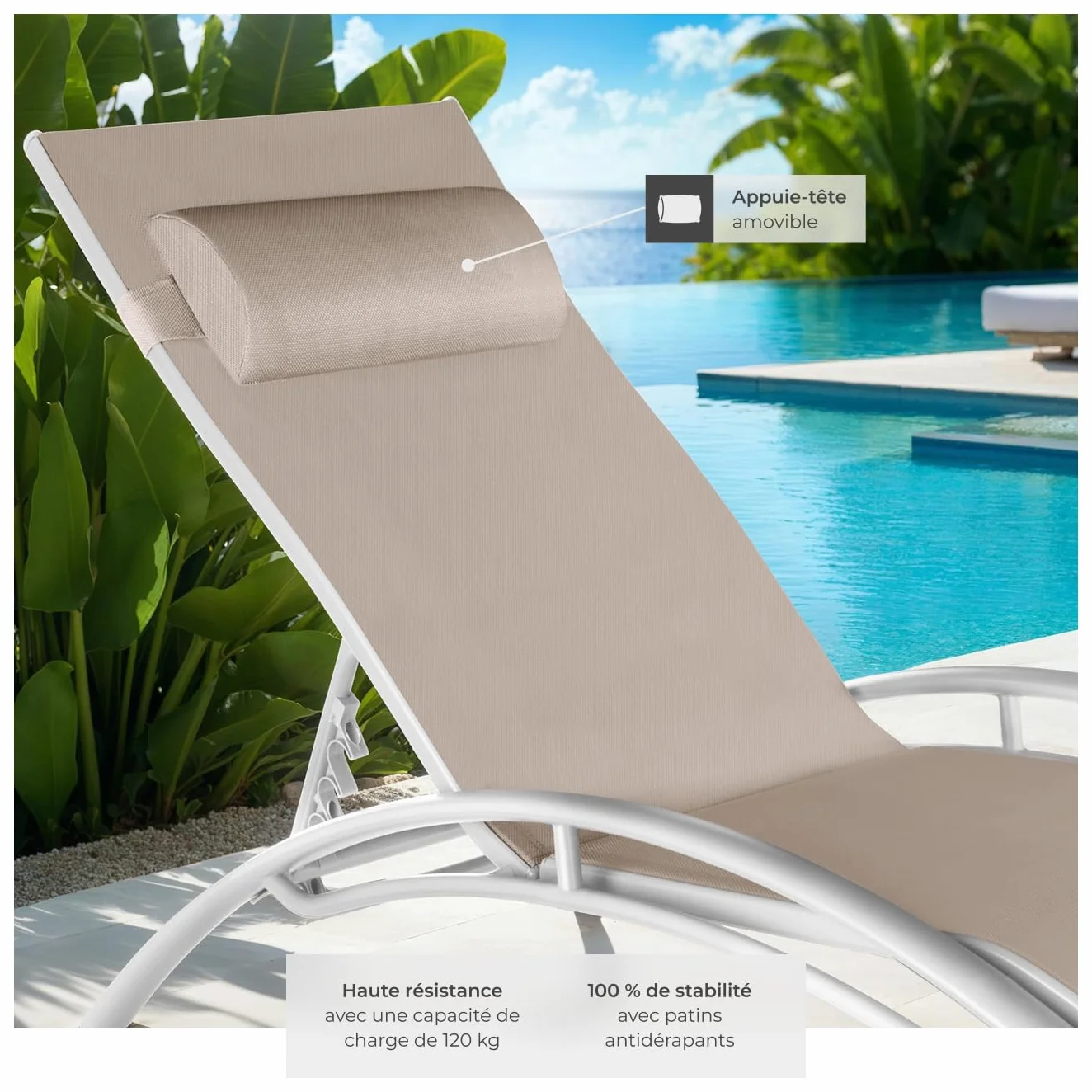 Tectake Set de 2 Chaise Longue Bain de Soleil Jardin avec Appuie-tête Inclinable Beige