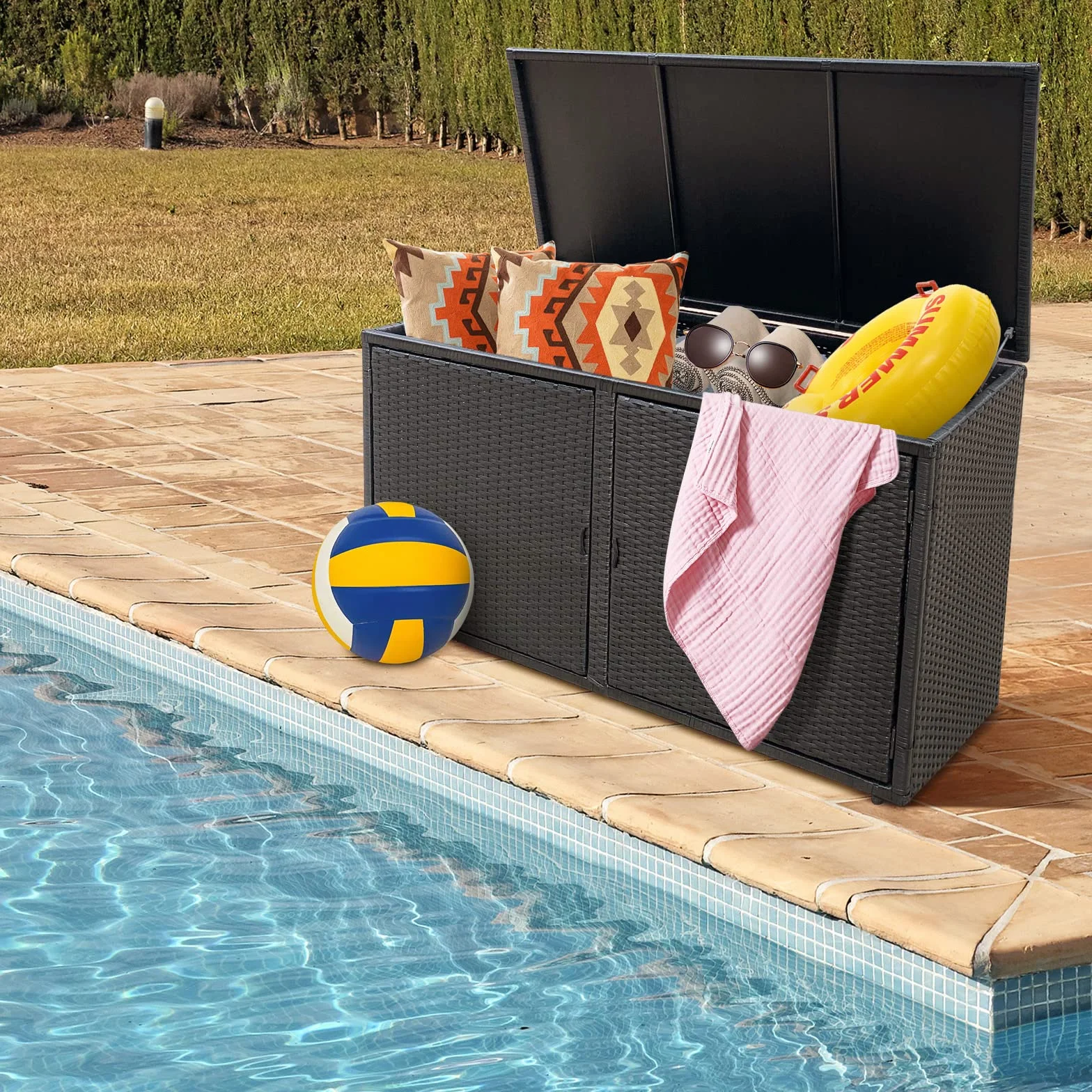 GOPLUS Coffre de Jardin Rangement Exterieur Rotin PE 115x60x65cm 335L Noir