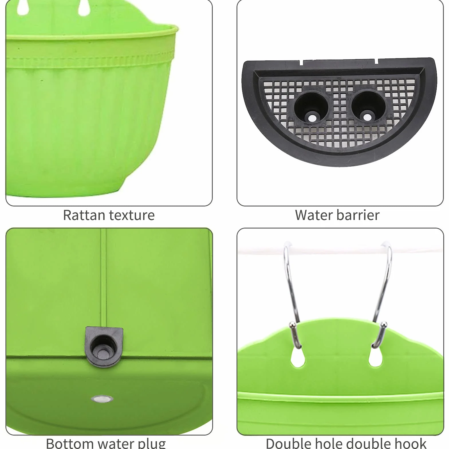 Pots de fleurs à suspendre en plastique avec drainage et crochets, lot de 2, vert