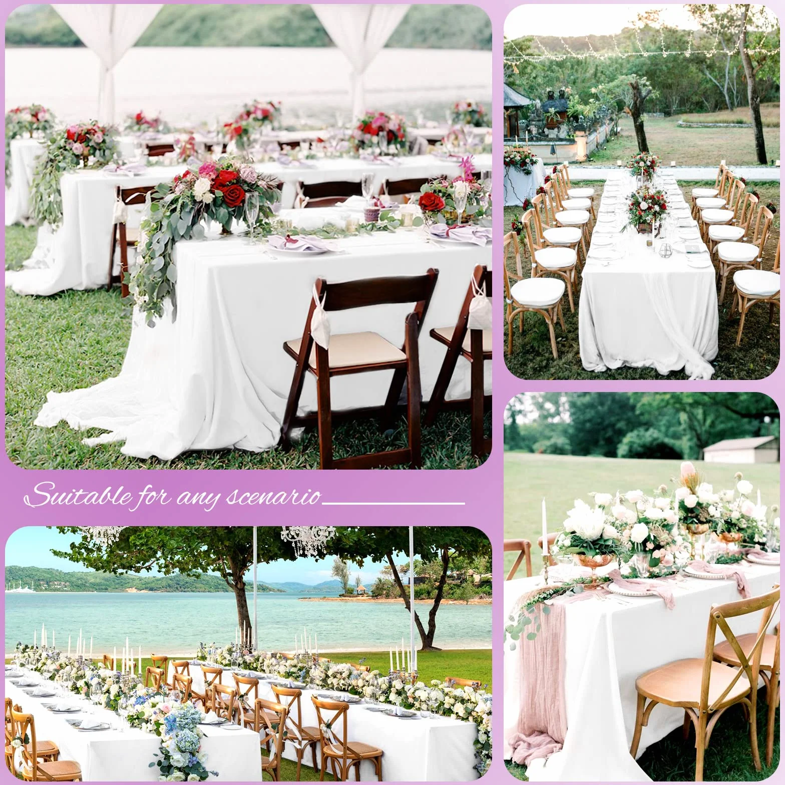 Lot de 6 nappes rectangulaires polyester blanc 153 x 260 cm pour tables 6 pieds, décoration mariage fête