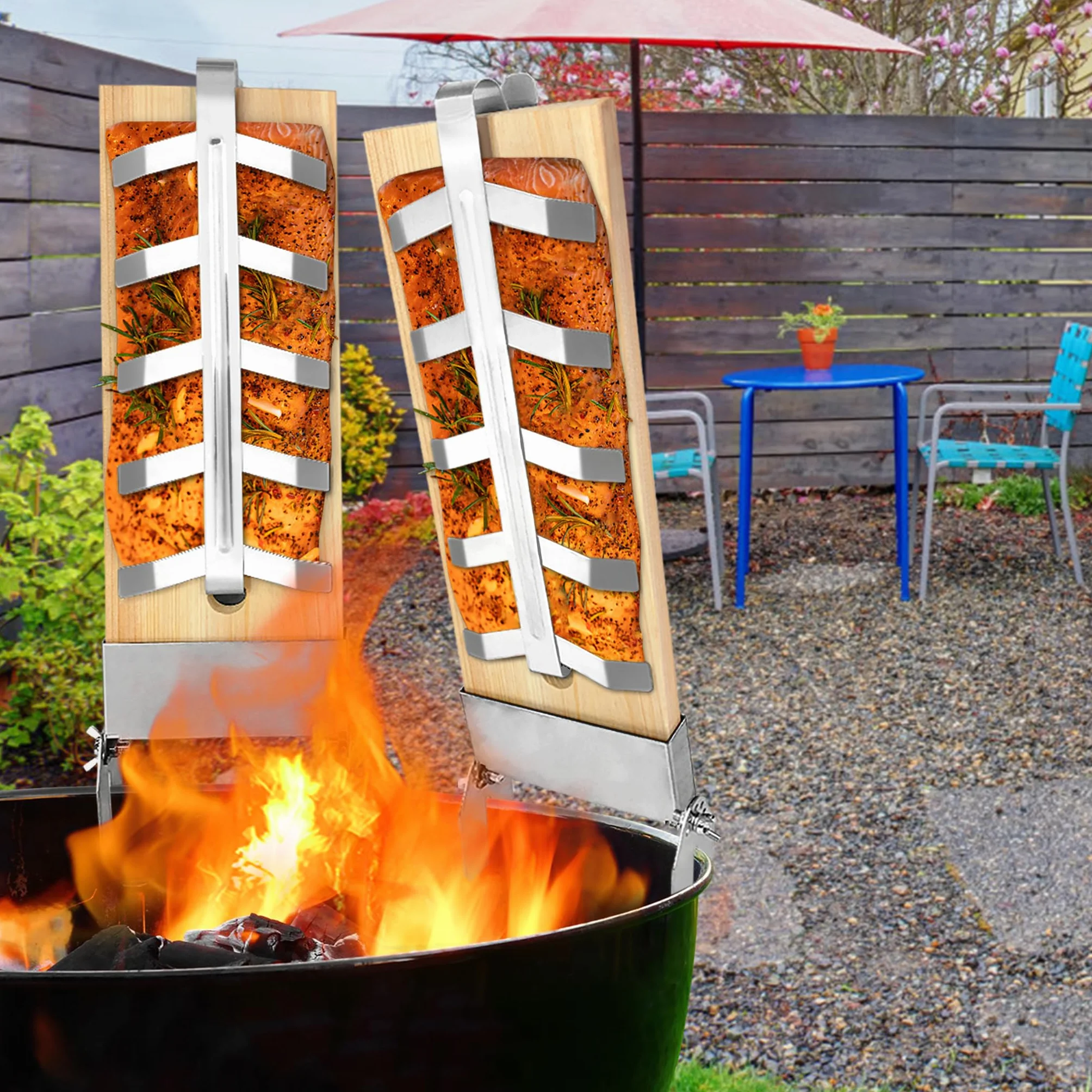 Lot de 2 planches à saumon flammé en acier inoxydable avec support réglable 5 niveaux pour barbecue