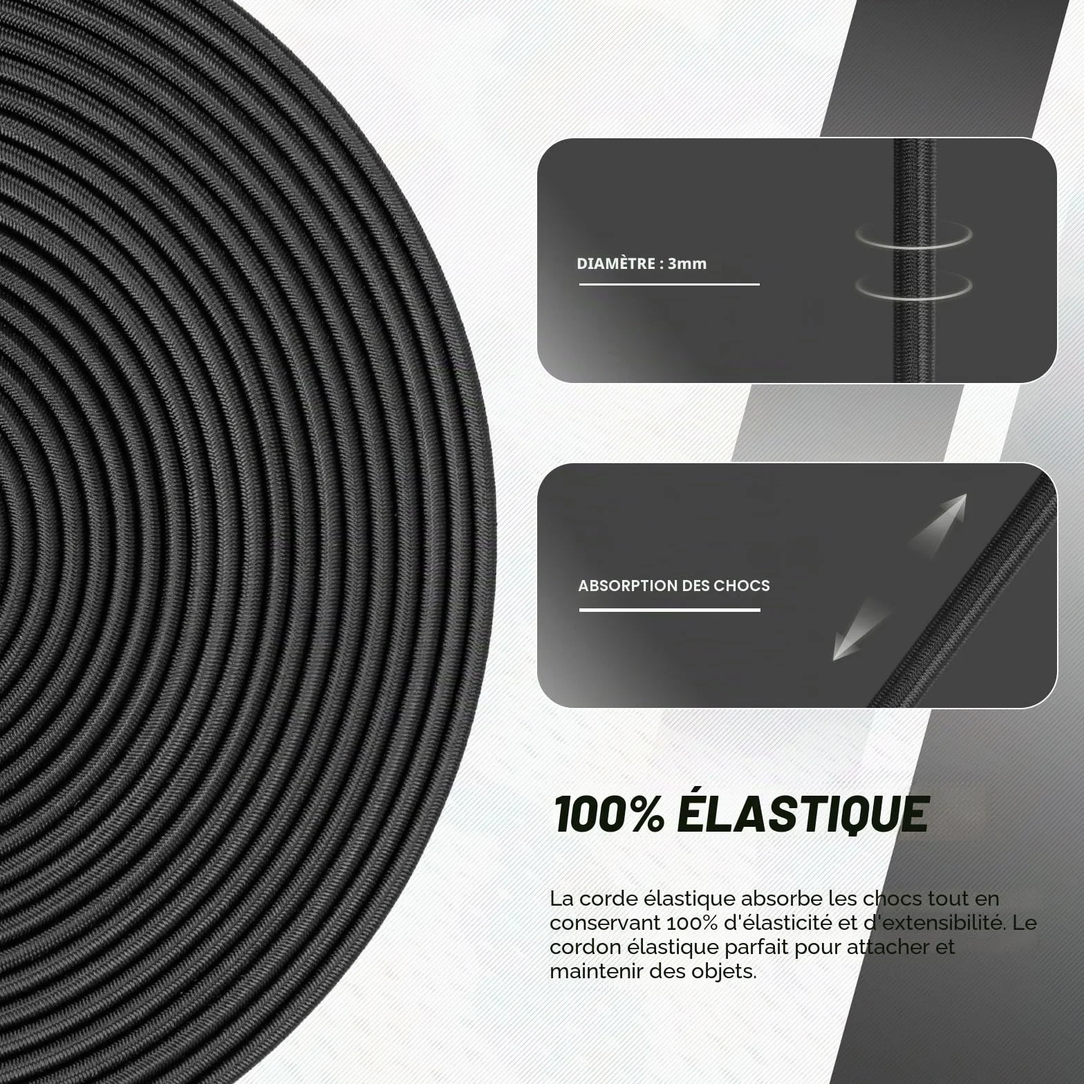 Abma Cord Tendeur Élastique 3mm 30M Corde Elastique Corde en Caoutchouc - Noir
