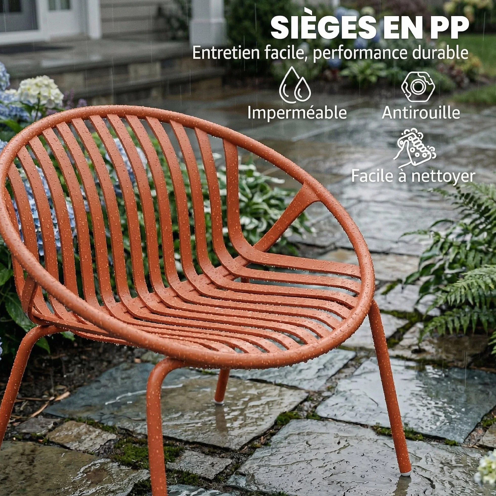 Outsunny Salon de Jardin 3 Pièces Acier Polypropylène Ensemble Bistro Table Basse Plateau Concave Mobilier Extérieur Design Terrasse Balcon Piscine Rouge Brique