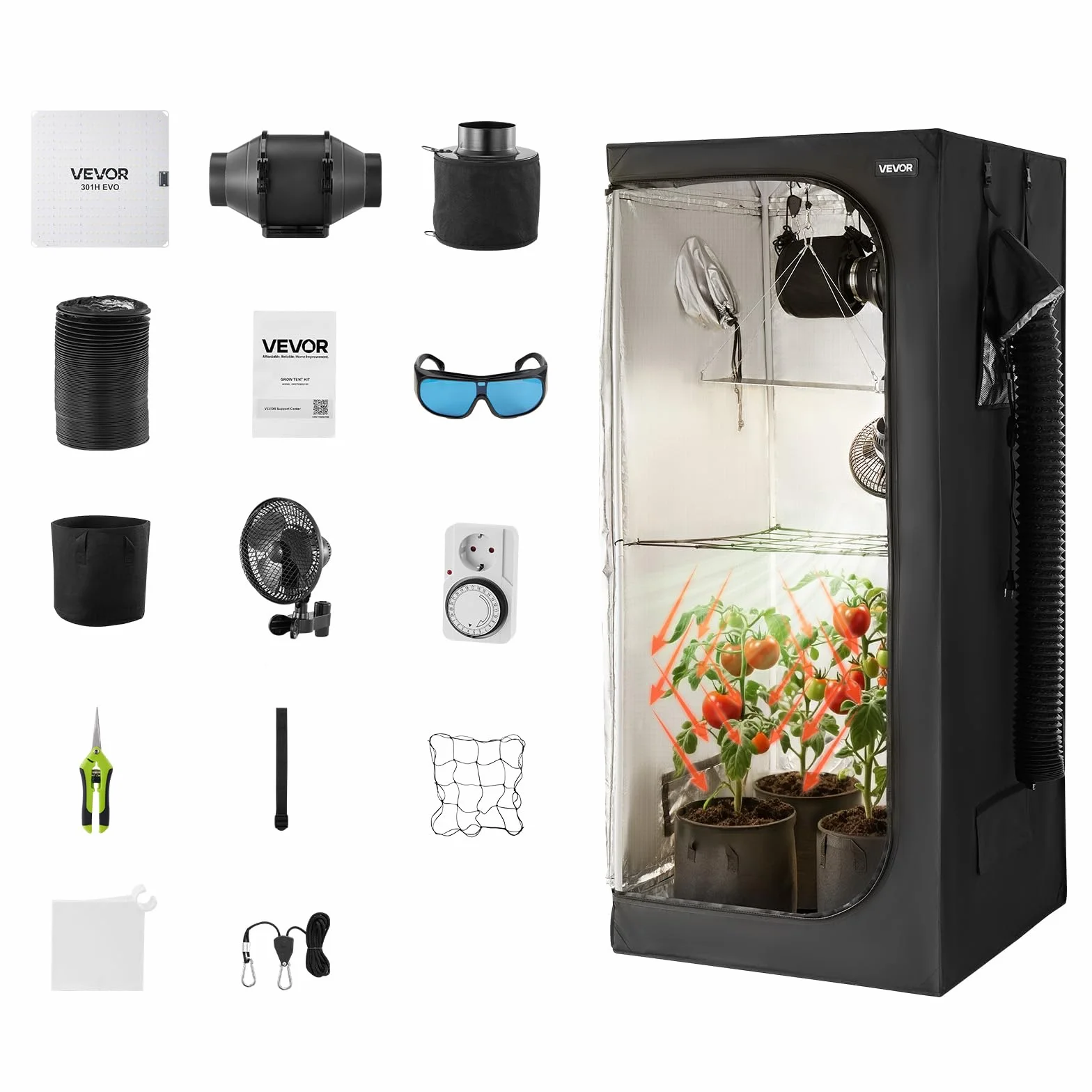 VEVOR Chambre de Culture 80x80x180 cm Kit Complet LED Spectre Complet Ventilation Mylar 600D