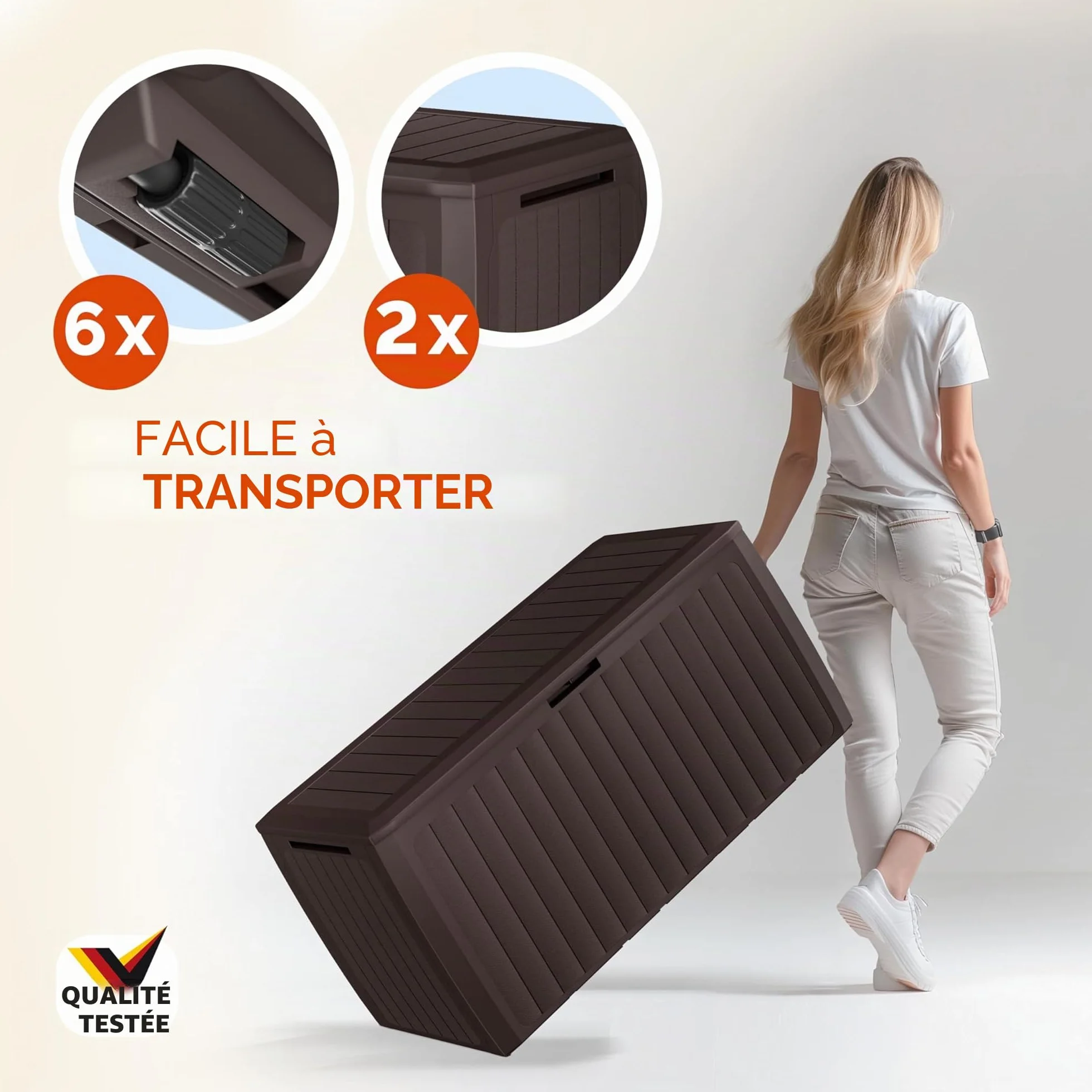 Casaria Coffre de rangement XXL Brun 290L Roulettes Poignées Malle de jardin