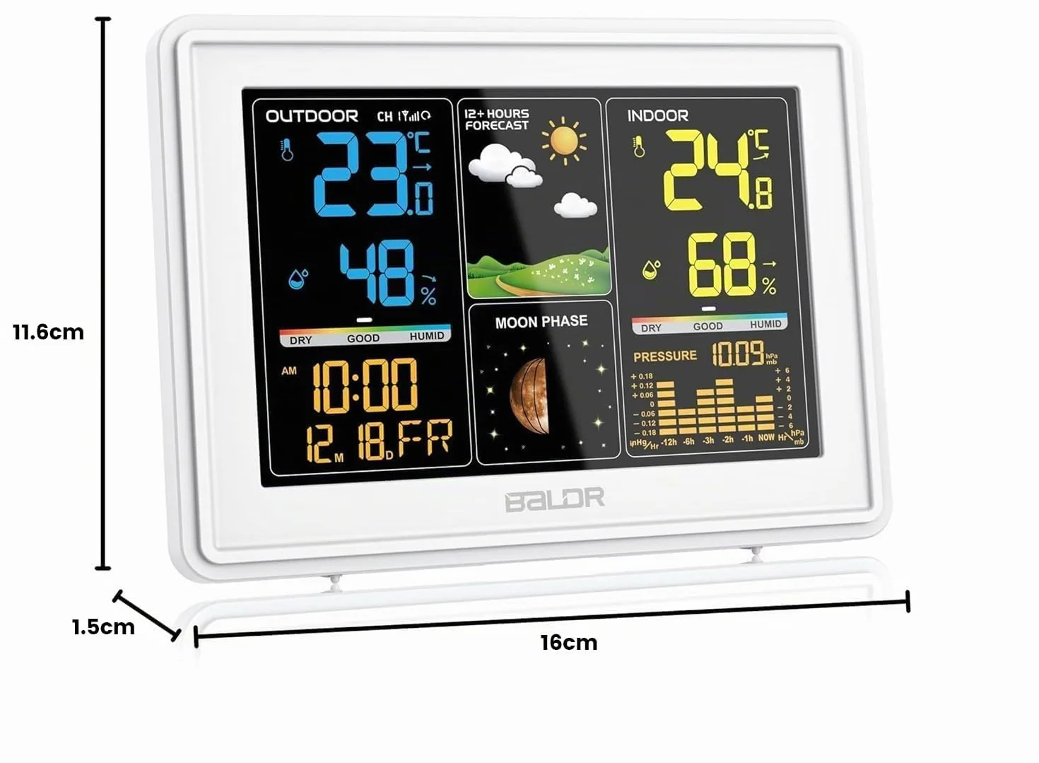 Station Météo Sans Fil BALDR Thermomètre Hygromètre Intérieur Extérieur Prévisions Heure Réveil Phase Lune