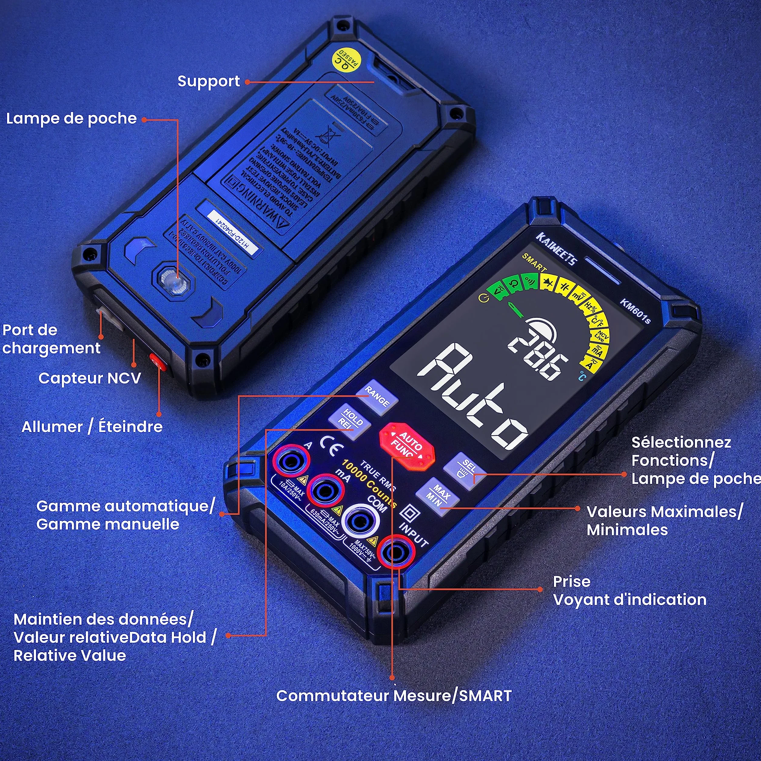 KAIWEETS Multimètre Automatique Rechargeable 10000 Comptes, Multimètre Numérique Professionnel, Testeur Electrique, Mesure de Courant Tension Résistance Continuité Capacité Diode Fréquence
