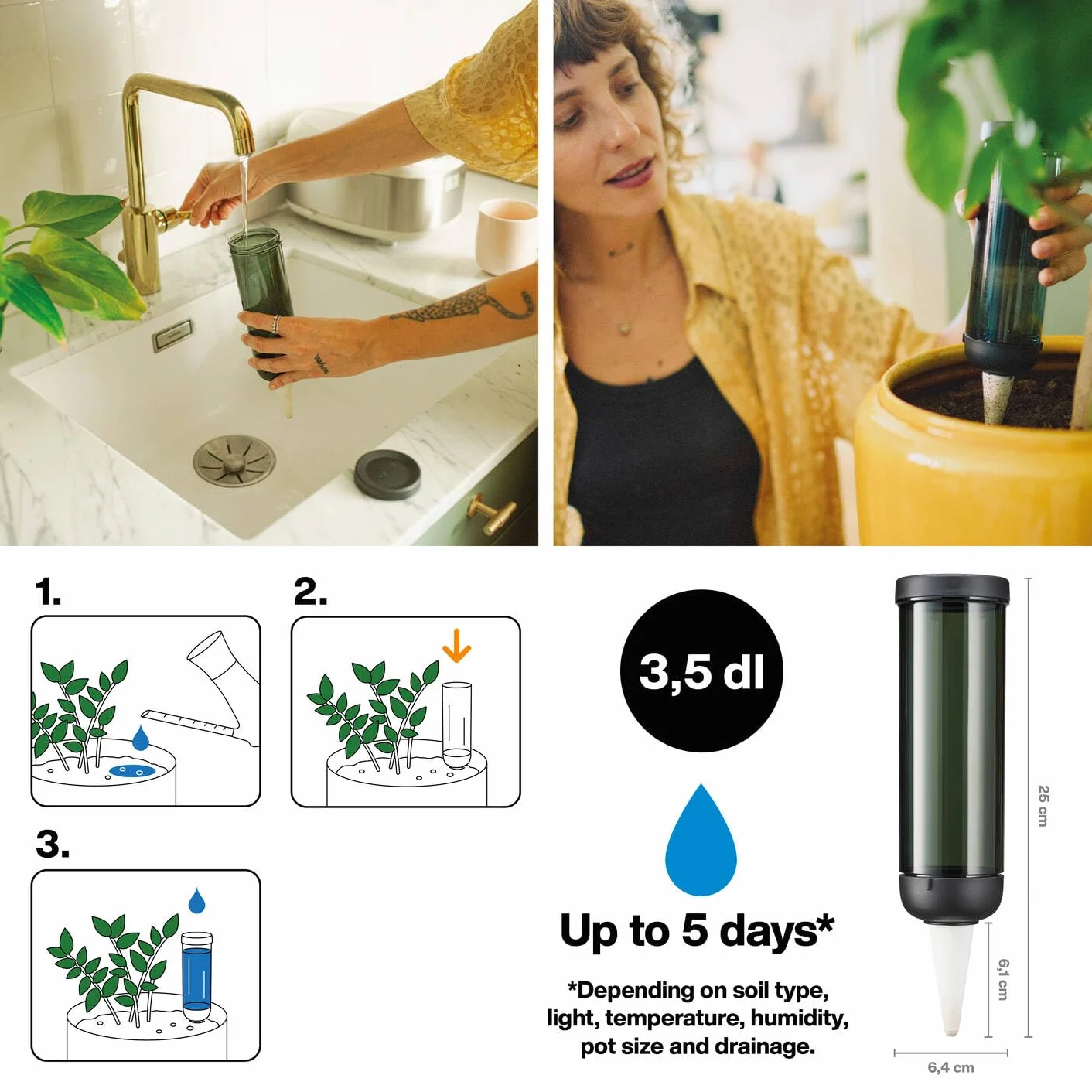 Fiskars Distributeur d'Eau pour Plantes, 350 ml, 6,4 x 25 cm, Céramique/Plastique, Vert Foncé