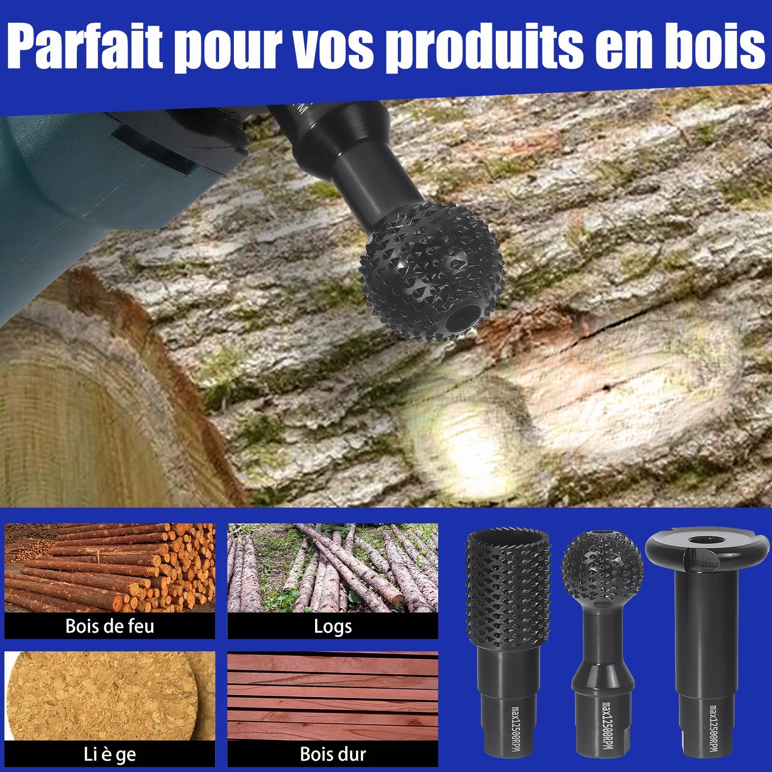 Pomsare Fraise à Bois - Disques Meuleuse Sculpture Bois, Set de 3 Burrs Rotatifs, Gouge et Ciseaux à Bois pour Meuleuses 115/125 - Outils de Coupe,Menuiserie Outillage