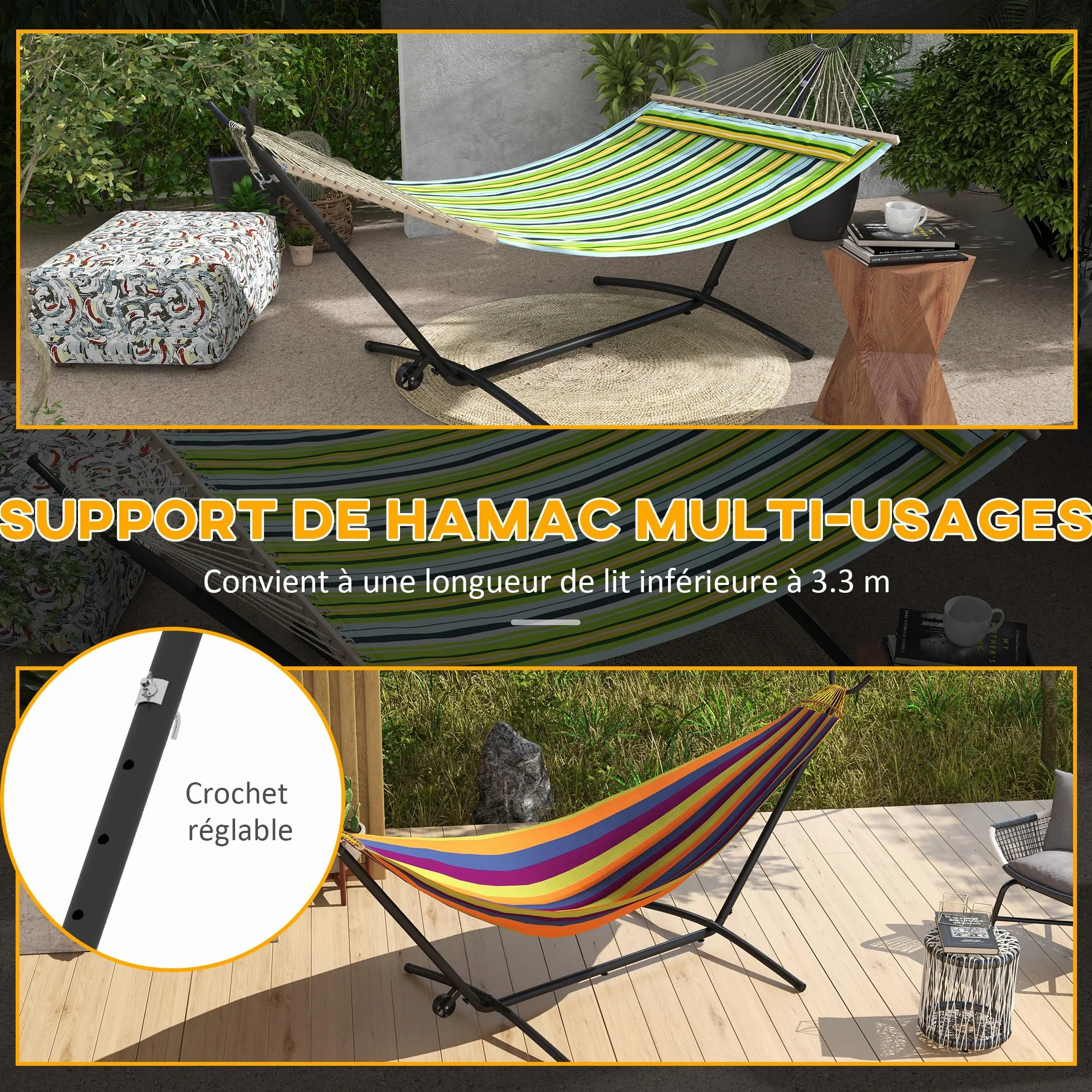 Outsunny Support Pied de hamac métal époxy Hauteur réglable 6 Niveaux 290L x 120l x 115H cm Noir