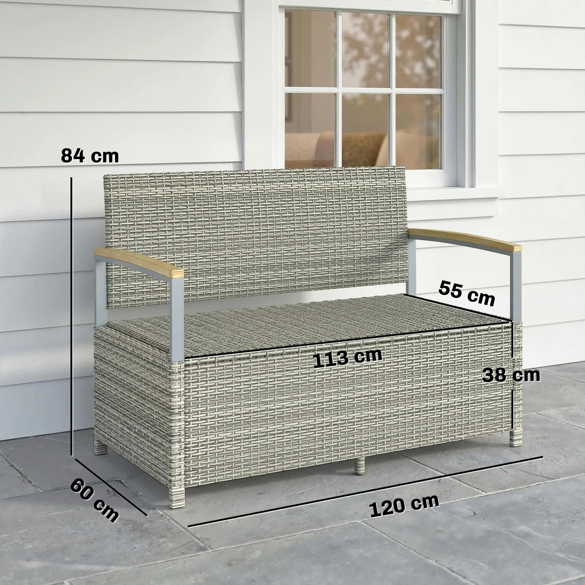 Banc de Jardin avec Coffre de Rangement 170L Outsunny Banquette 2 Places Résine Tressée Coussin Déhoussable Accoudoirs Bois d'Acacia Vérin à Gaz Gris