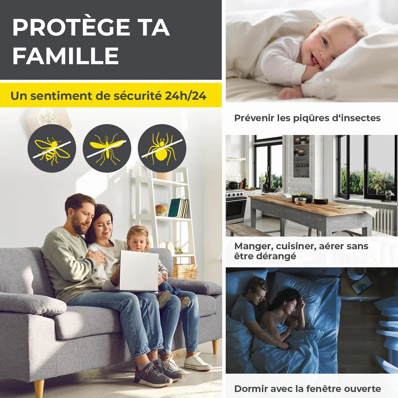 EASYmaxx Moustiquaire de fenêtre avec Magic Click | Peut être découpée individuellement pour toutes les fenêtres jusqu'à 150 x 130 cm | Montage avec 12 aimants - pas de perçage ni de vissage [Noir]