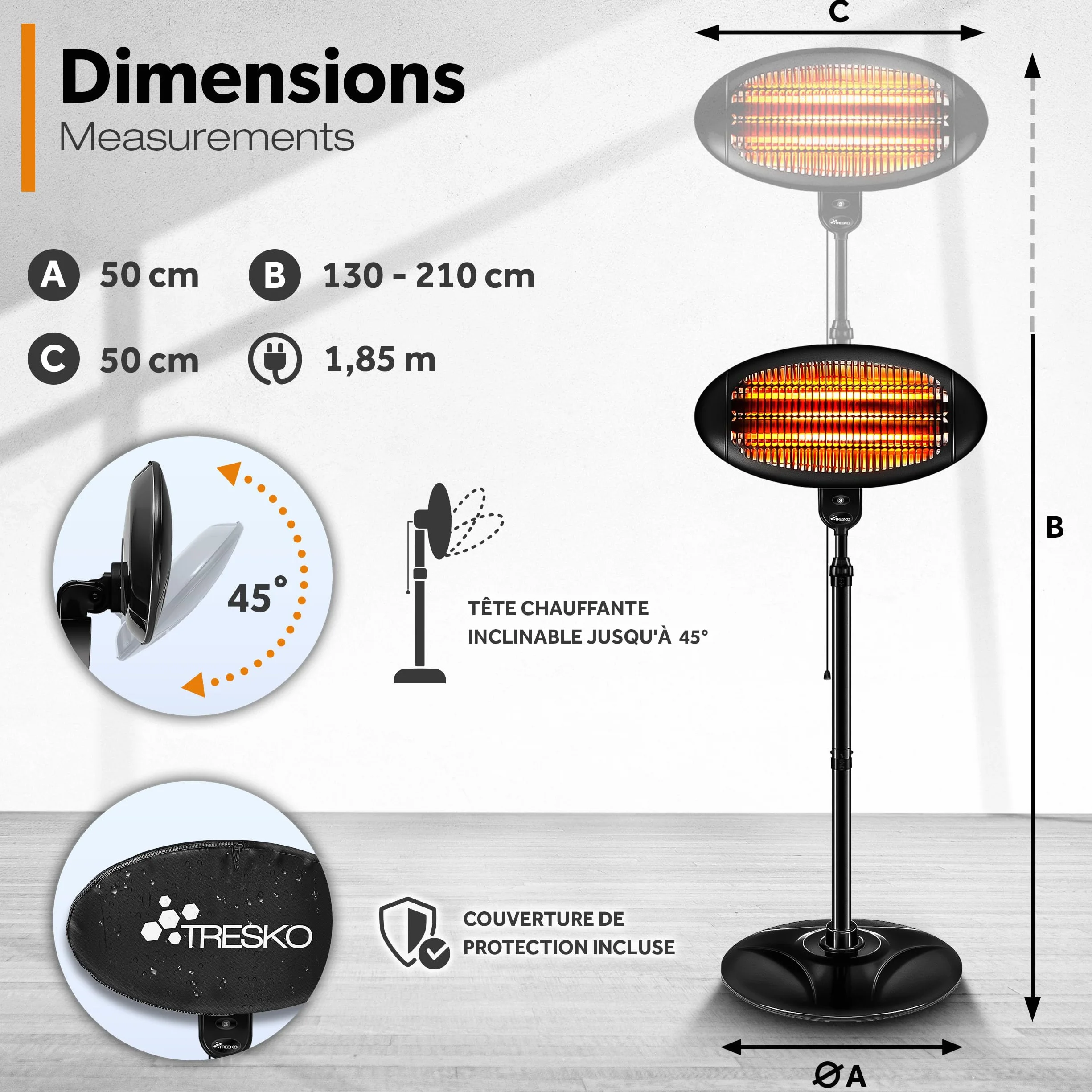 TRESKO Radiateur infrarouge sur pied 2000W Chauffage radiant électrique extérieur 3 Niveaux de Chaleur