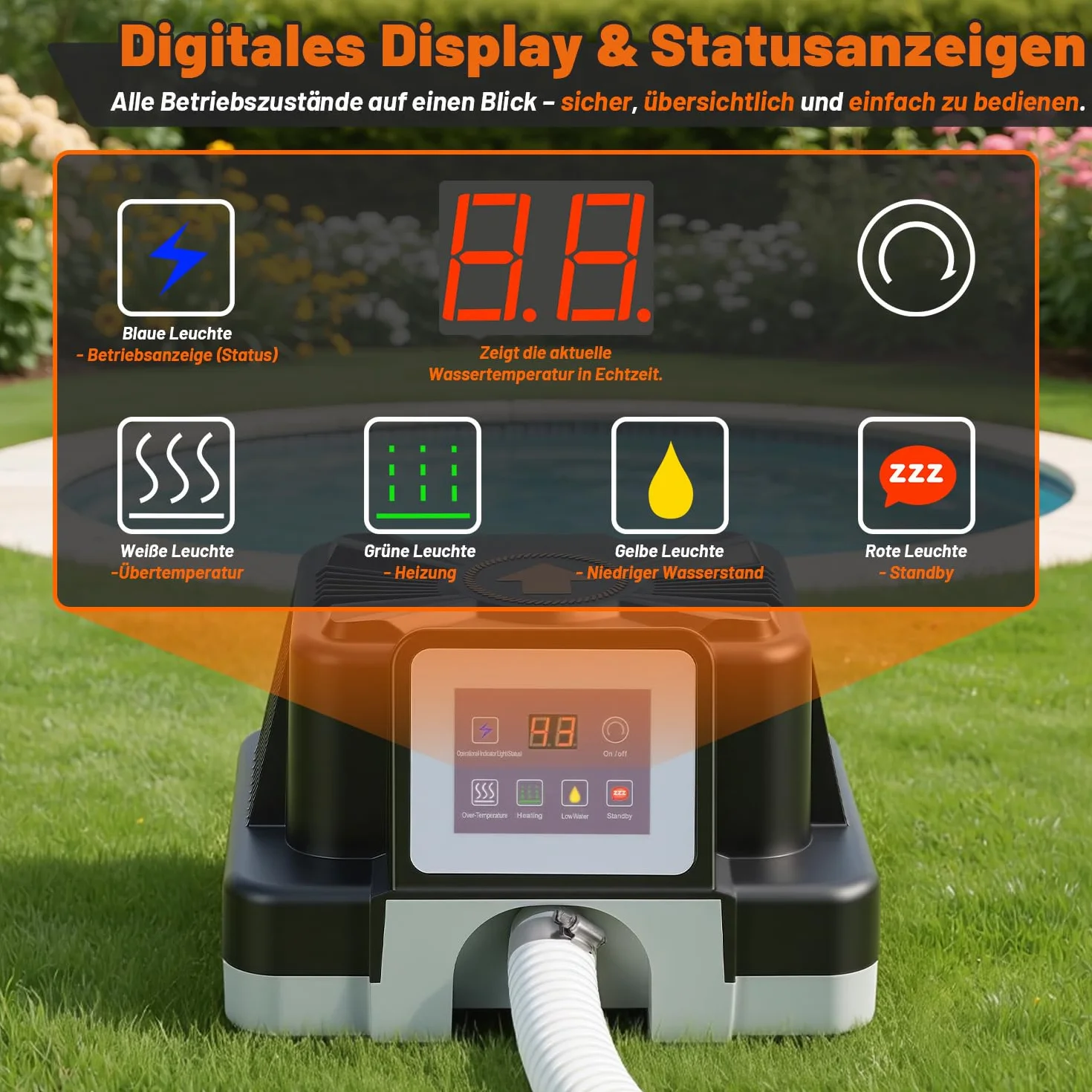 Daromigo Chauffage de piscine électrique 3000 W avec affichage numérique, réglage 37-45 °C, protection FI
