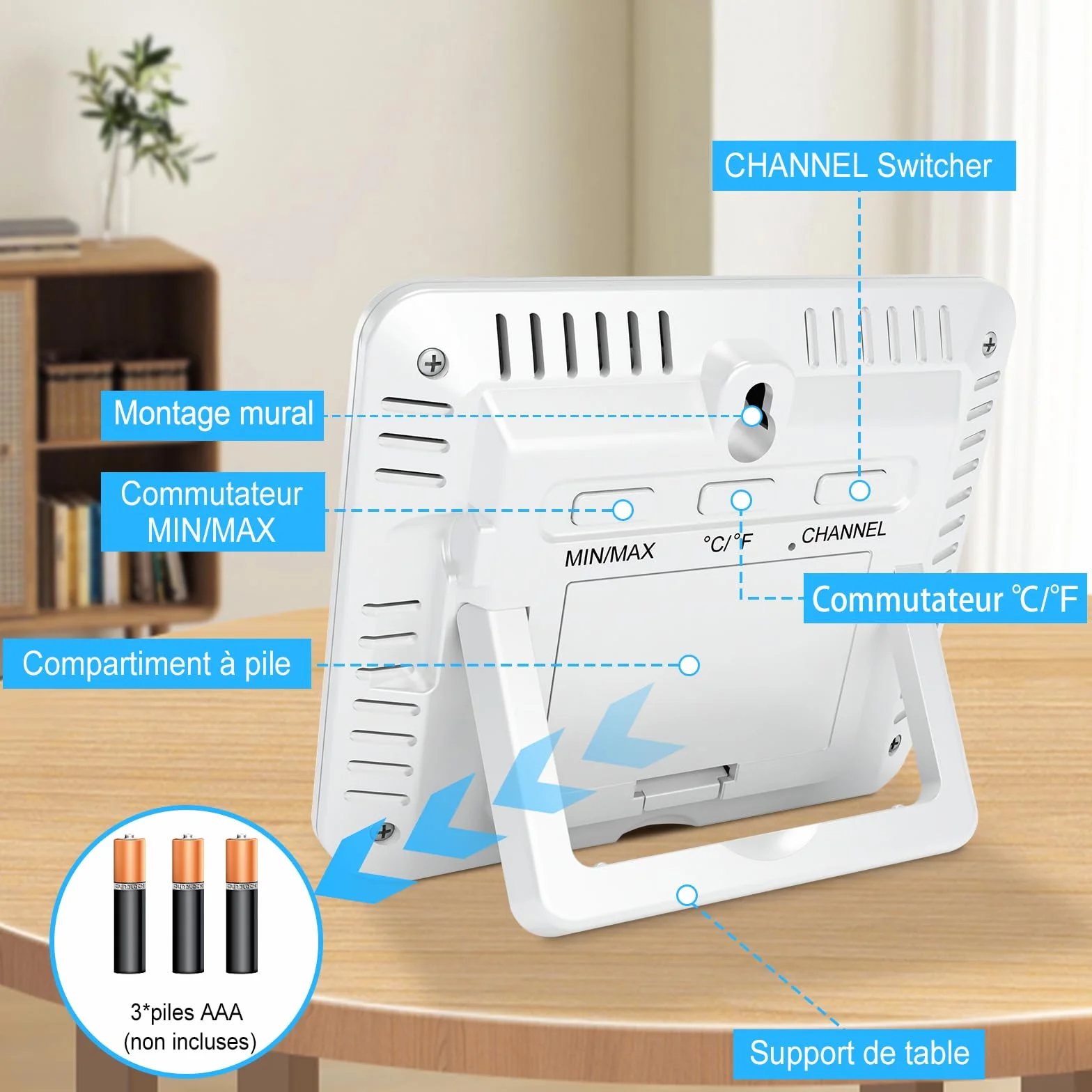 Thermomètre Intérieur Extérieur Sans Fil avec 3 Capteurs, Hygromètre, Portée 100M, Enregistrement MIN/MAX, Blanc