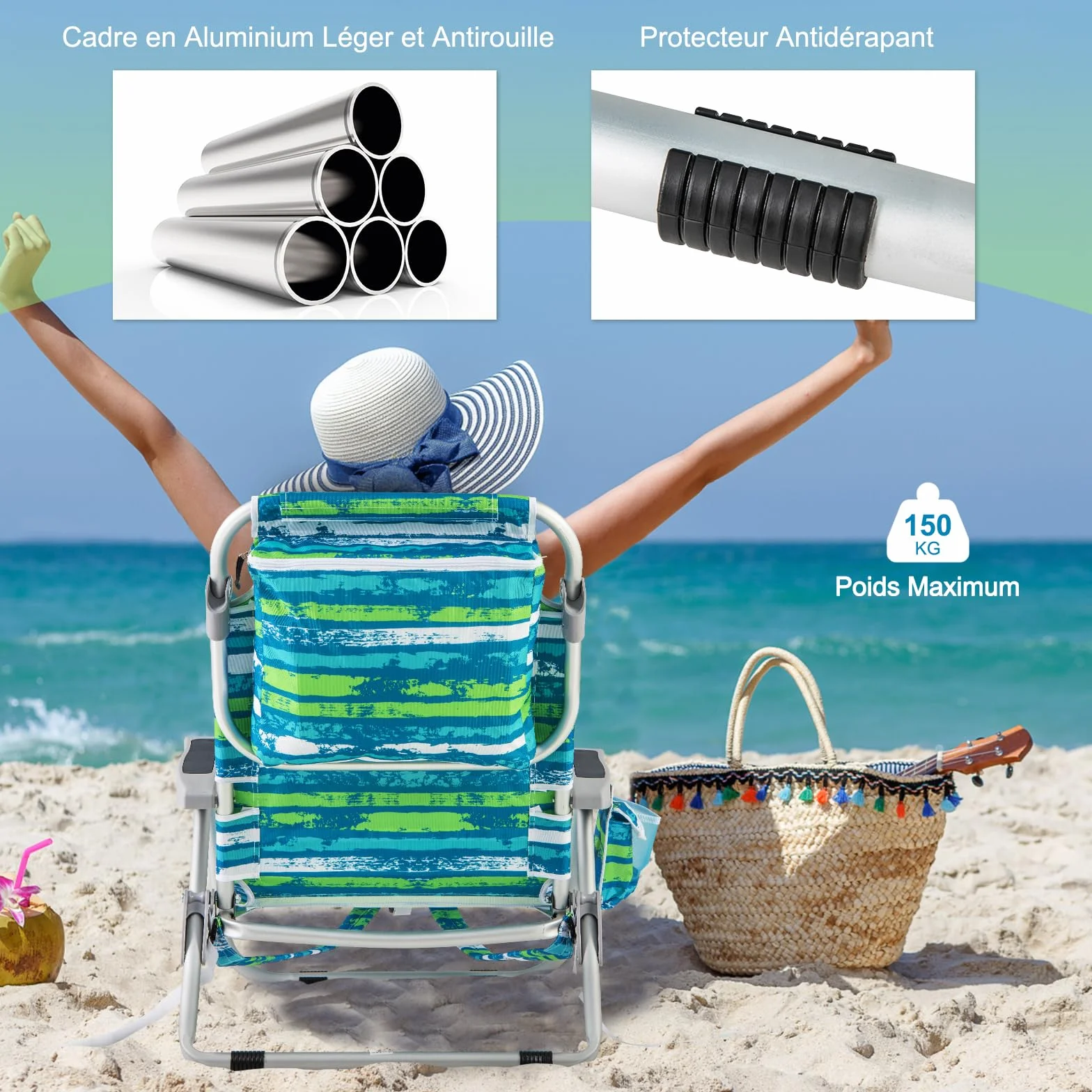 COSTWAY Chaise Longue Pliable 5 Positions Réglable Porte-Gobelet Charge 150 kg Vert
