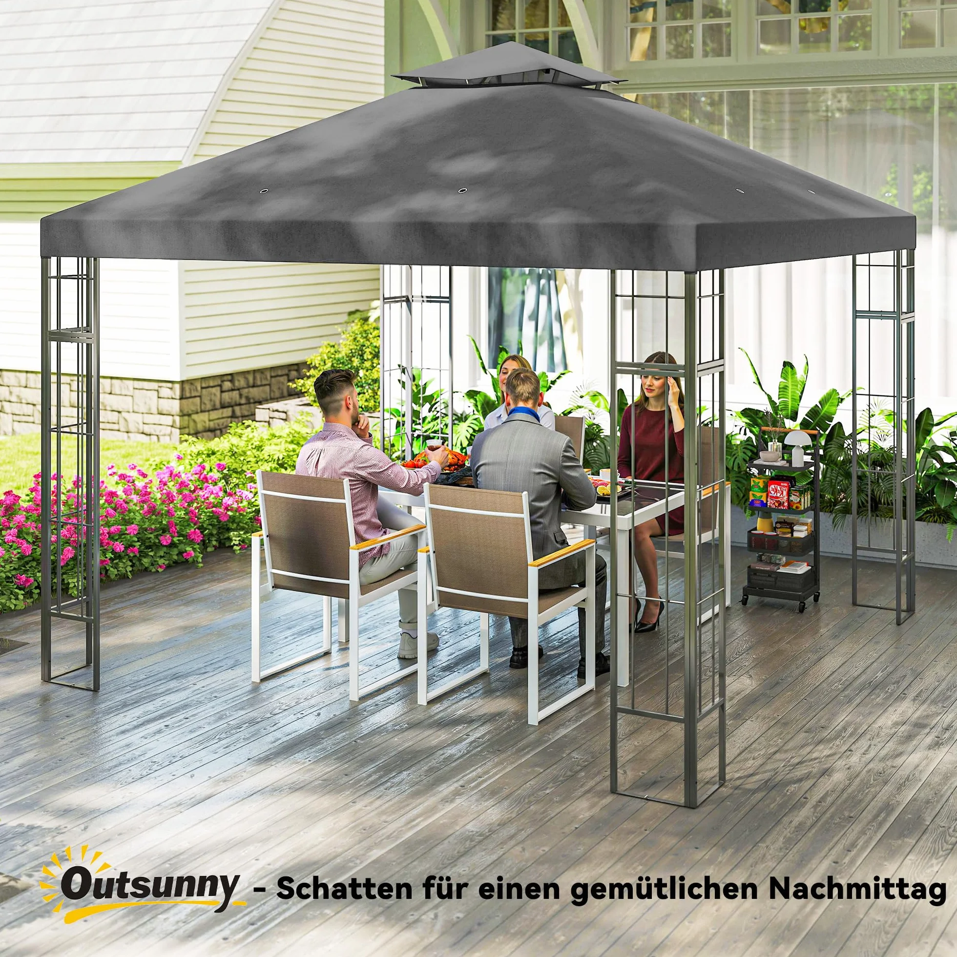 Outsunny Pavillon de jardin double toit 3x3 m Hydrofuge stable résistant hiver protection UV Tente métal gris foncé