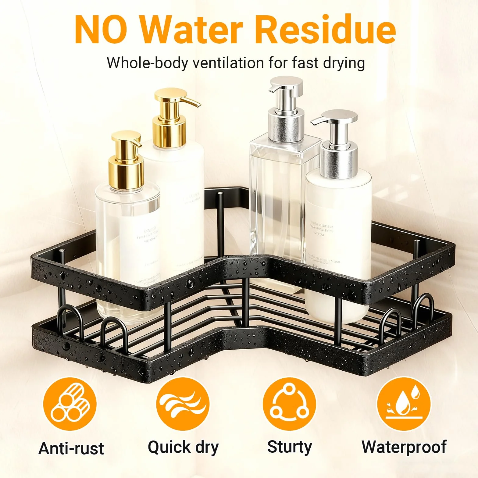 2 Pièces Etagere Douche sans Percage, Etagere Salle Angle de Bain Support Rangement Organisation avec Crochets Accessoire pour Gel et Shampooing pour la Salle Bain Cuisine (Noir)