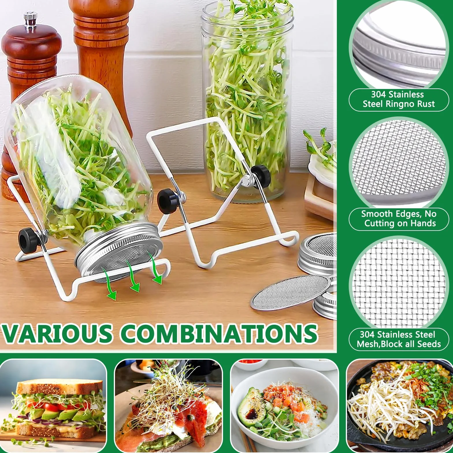 Bocal de Germination 2 x 1000ml Germoir en Verre avec Couvercle Inox et Support