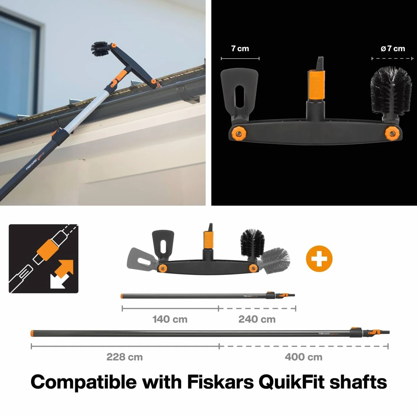 Fiskars Nettoyeur de gouttière, Avec grattoir et brosse ajustables, Tête d'outil QuikFit, Largeur: 4,5 cm, Noir/Orange, QuikFit, 1001414