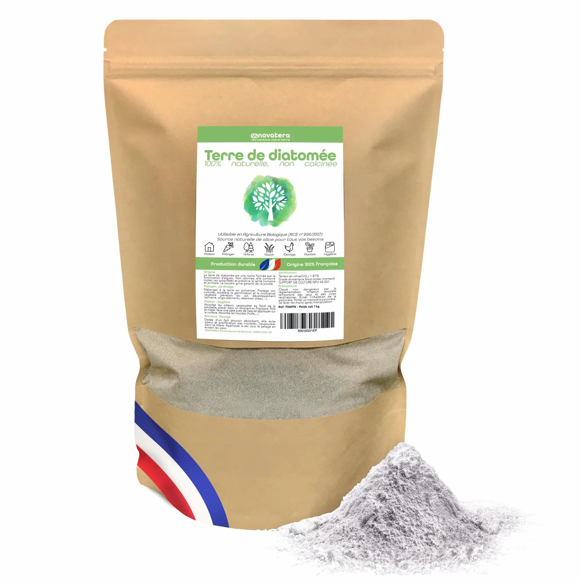 NOVATERA Terre de Diatomée 100% Naturelle Française Ultrapure Non Calcinée Ecocert 1kg