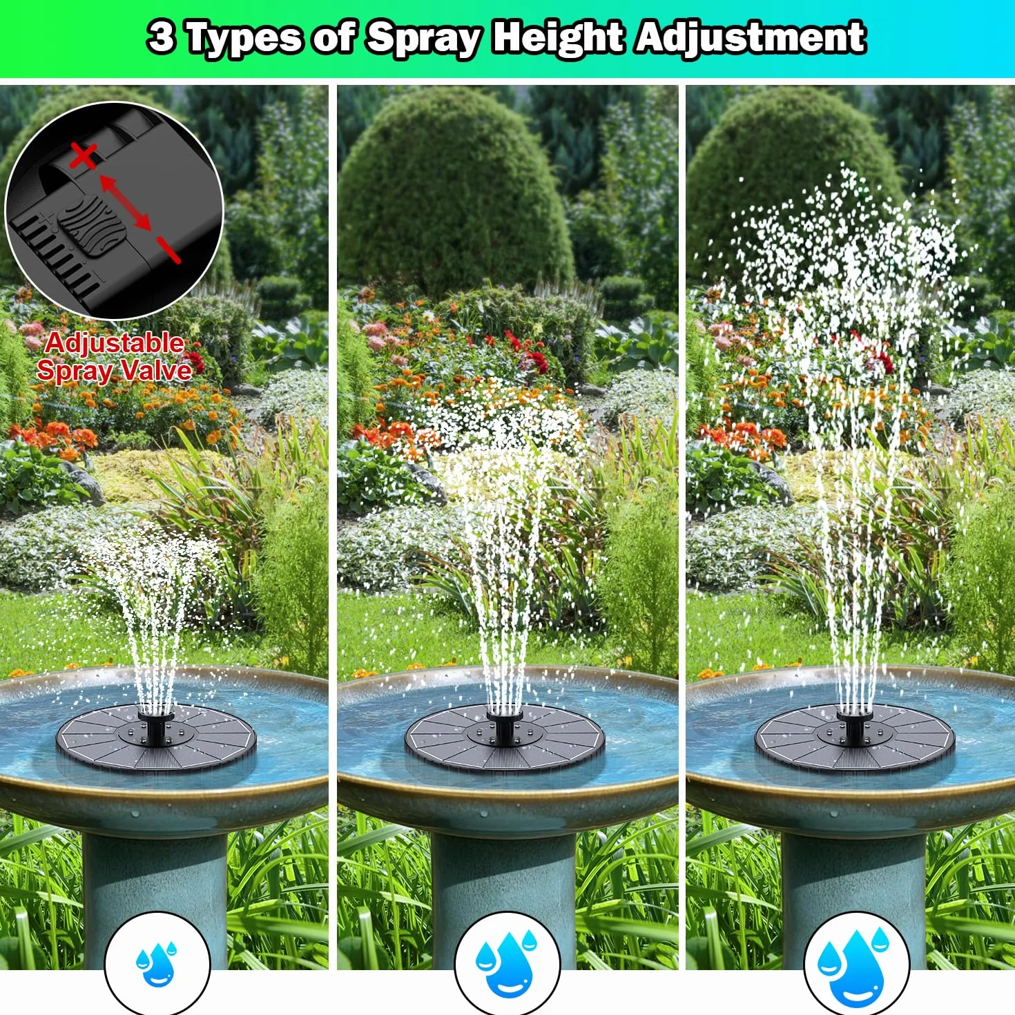 Fontaine Solaire LED Colorée 3.5W Extérieur Flottante Pompe Bassin Solaire 3 Modes Réglage Hauteur d’Eau 2000mAh Batterie avec 7 Buses&Barres Rotatives Jardin Noir