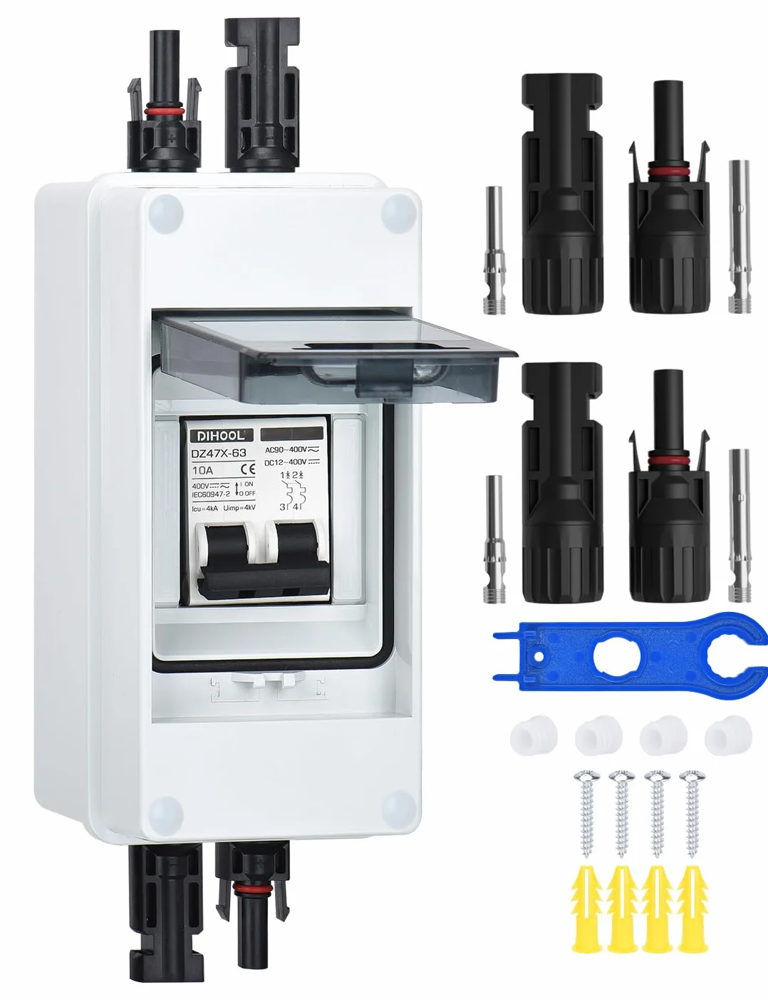 DIHOOL DC disjoncteur système photovoltaïque disjoncteur fusible automatique 2 pôles 10A avec câble prise solaire ip65 boîtier étanche