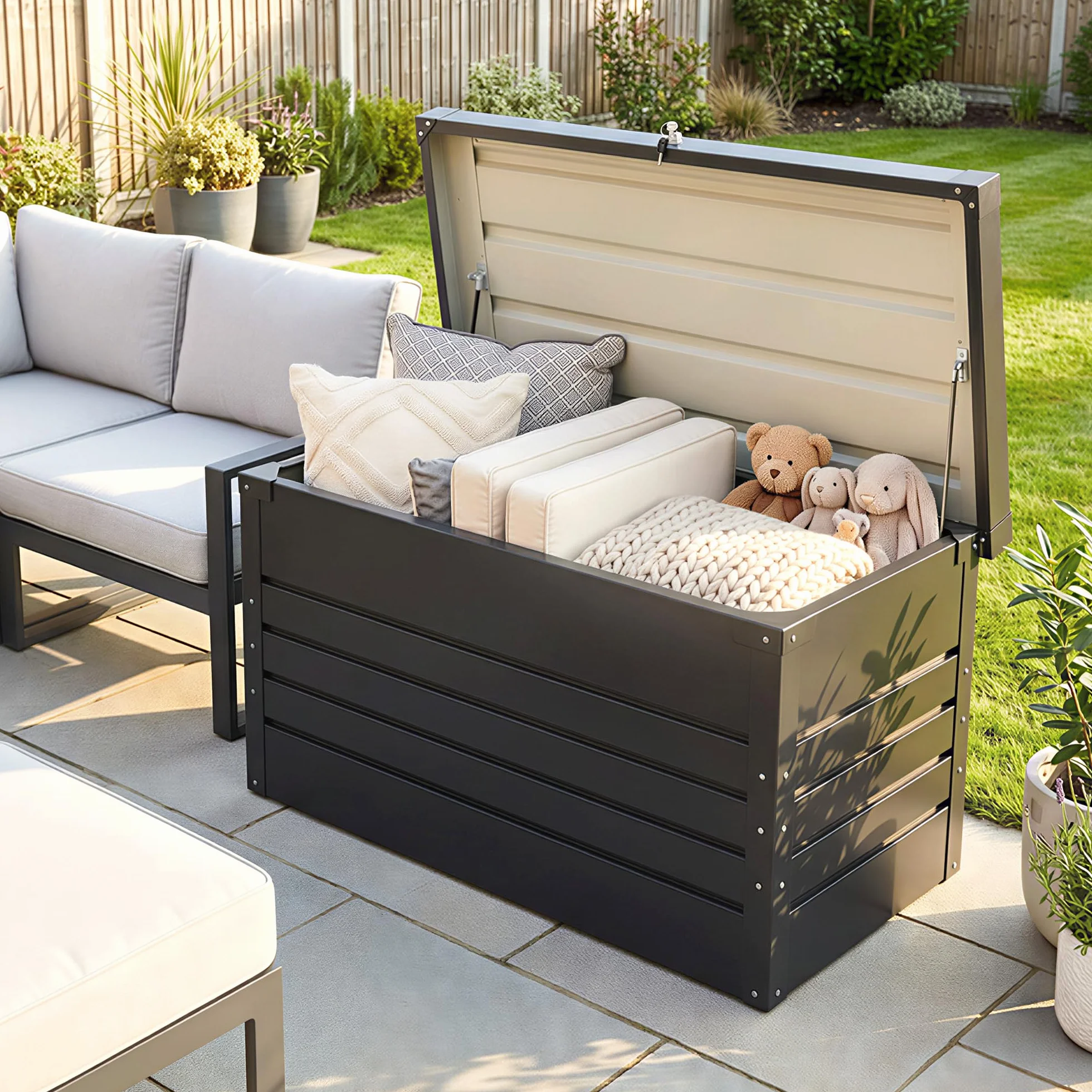 Outsunny Coffre de rangement métal 350L acier galvanisé étanche double vérins gaz verrouillable gris anthracite