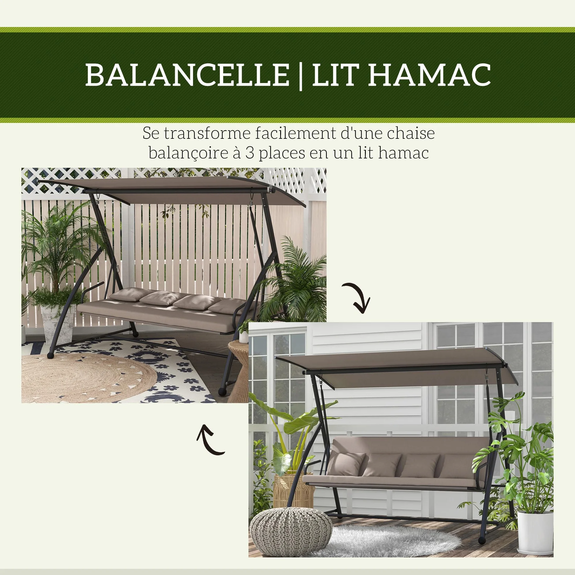 Outsunny Balancelle de Jardin 3 Places Convertible Toit Inclinaison Réglable 218x120x168 cm Marron Clair