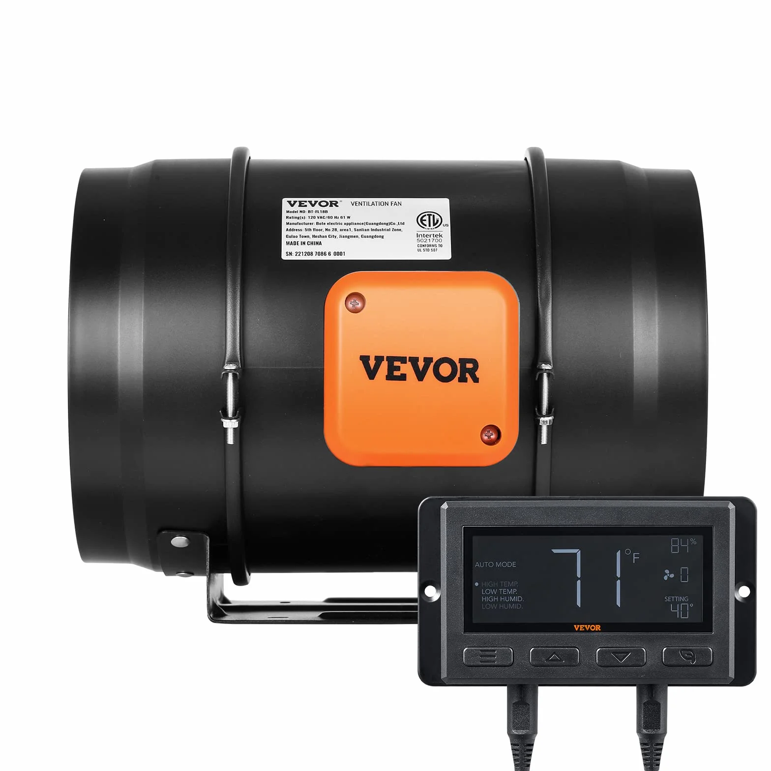 VEVOR Ventilateur d'Extraction 200 mm 1371 m³/h 68 W Extracteur d'Air avec Régulateur Température Humidité