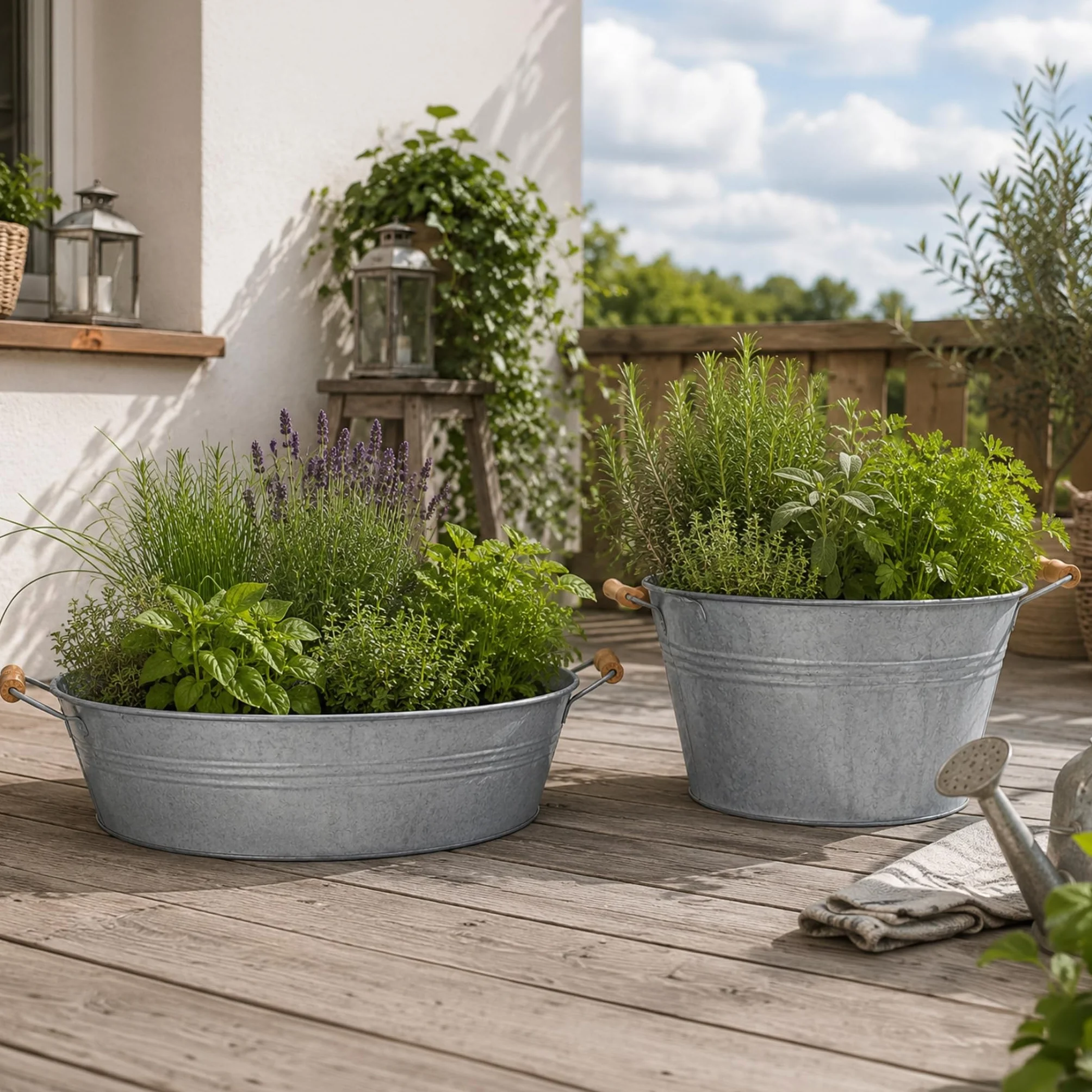 Grande cuvette en zinc avec poignées en bois 50 x 25 cm - Pot de fleurs résistant aux intempéries pour l'extérieur