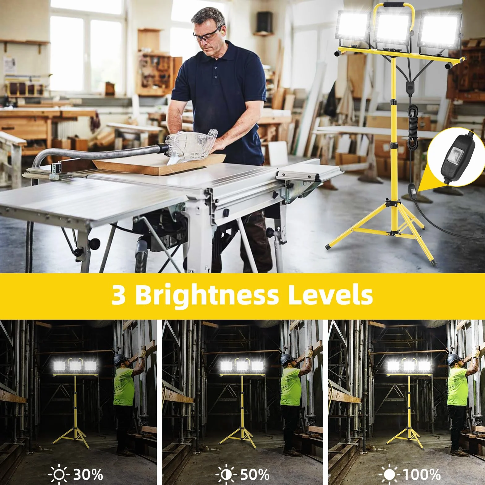 papasbox Projecteur de chantier LED 300W avec trépied prise et interrupteur | Lampe de chantier blanc froid 6500K | Étanchéité IP66 Disponible en versions 300W 150W et 90W pour ateliers et chantiers