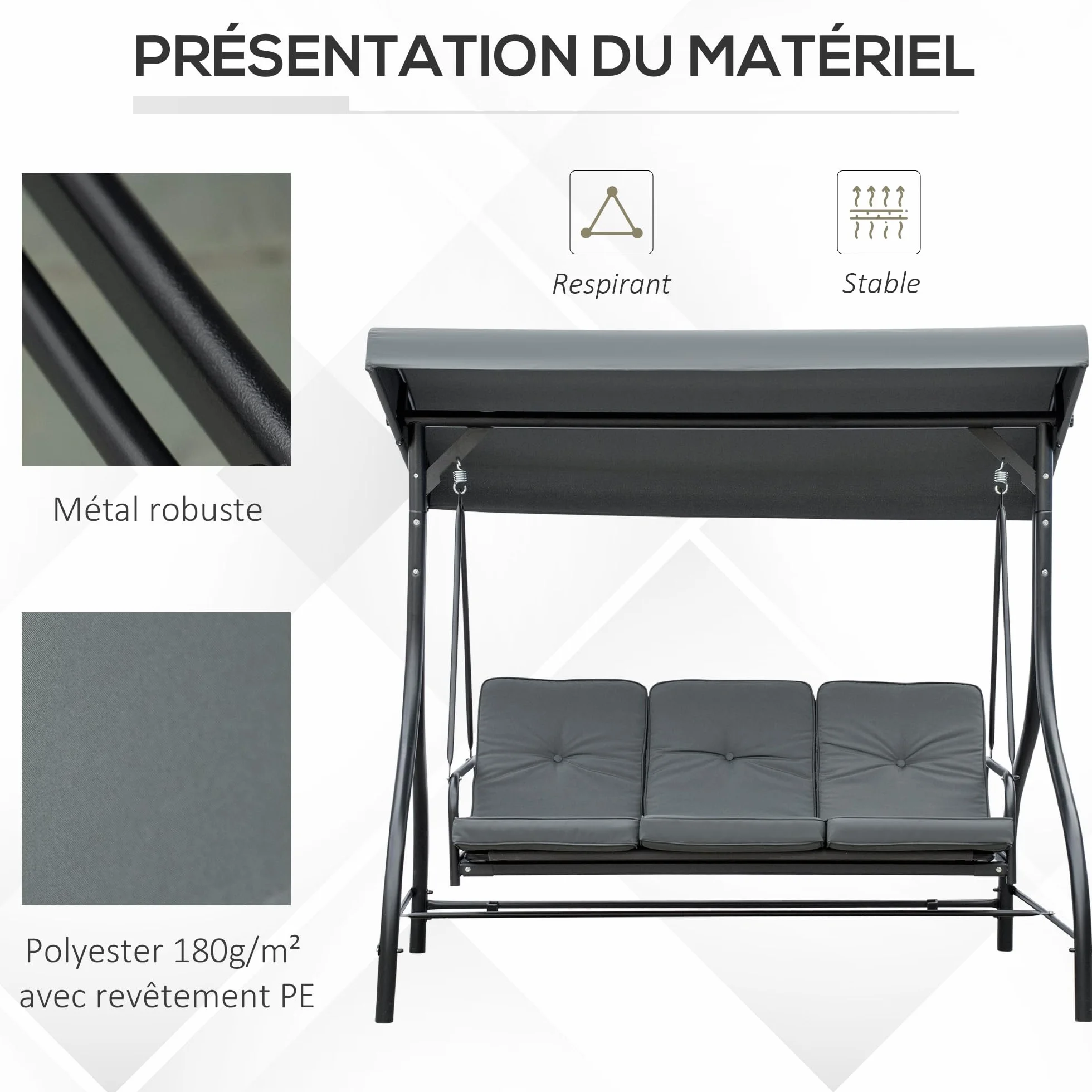 Outsunny Balancelle de Jardin 3 Places Convertible Toit réglable Matelas 7 cm Gris métal époxy Noir