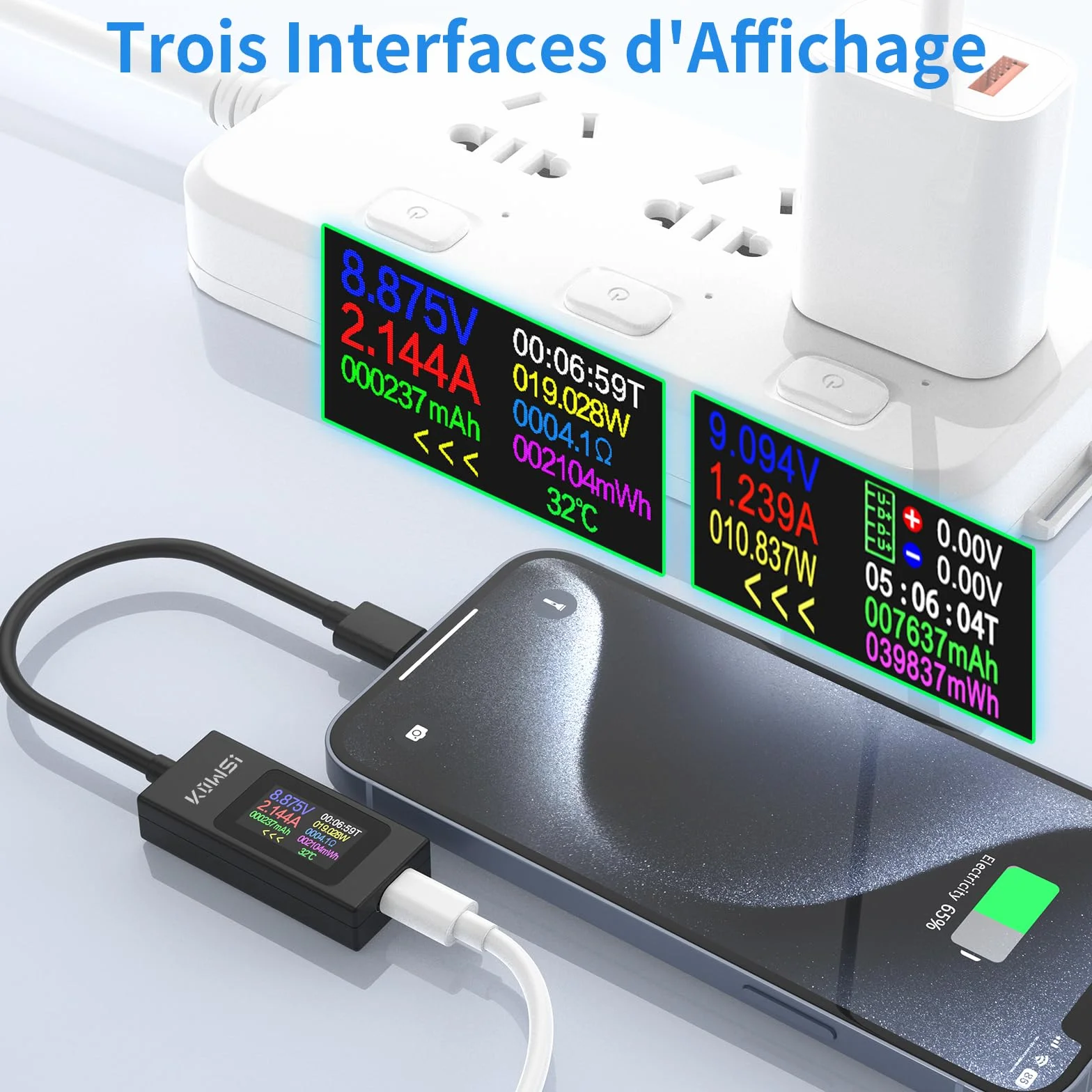 Testeur USB C Meter de Tension, 4-30V 0-6.5A, Type C Tester Electrique Compteur de Courant Multimètre Numérique Voltmètre Ampèremètre Capacité Alimentation Chargeur Détecteur