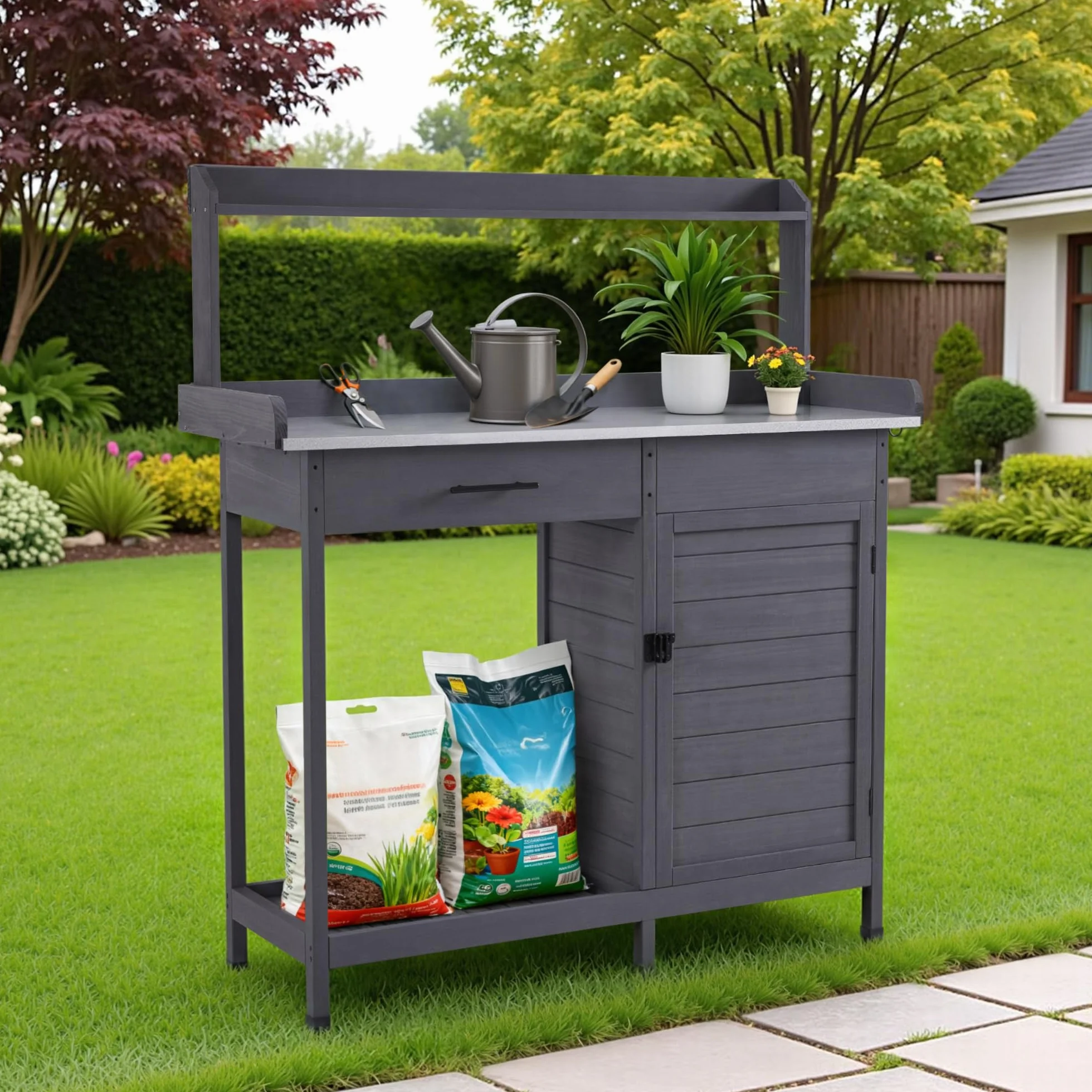 M MCombo Table de Jardin avec Tiroir 48x112x126 cm Gris