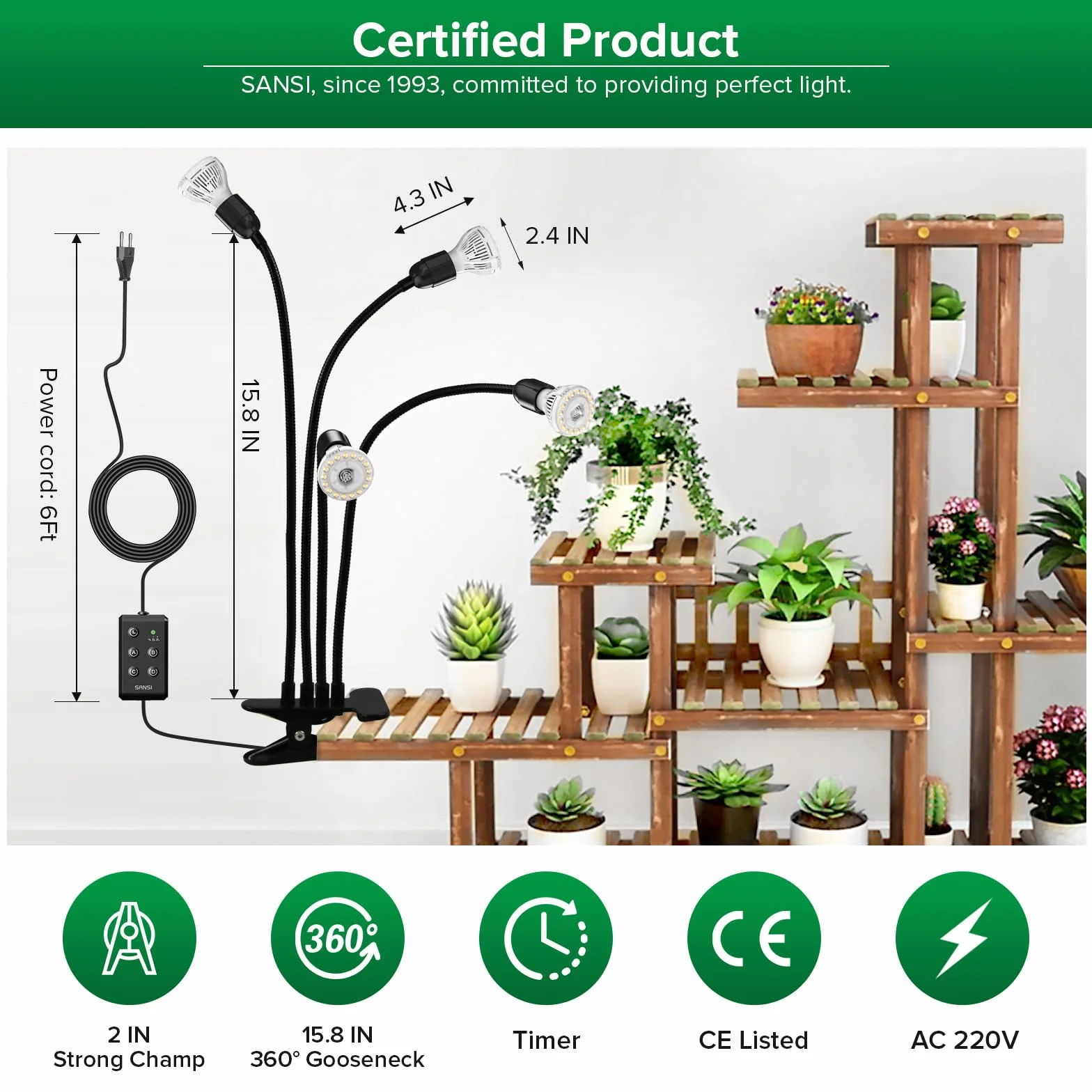 SANSI Lampe Horticole LED 600W Équivalent, 4 Ampoules E27, Minuterie 4/8/12H, Culture Plantes Intérieures