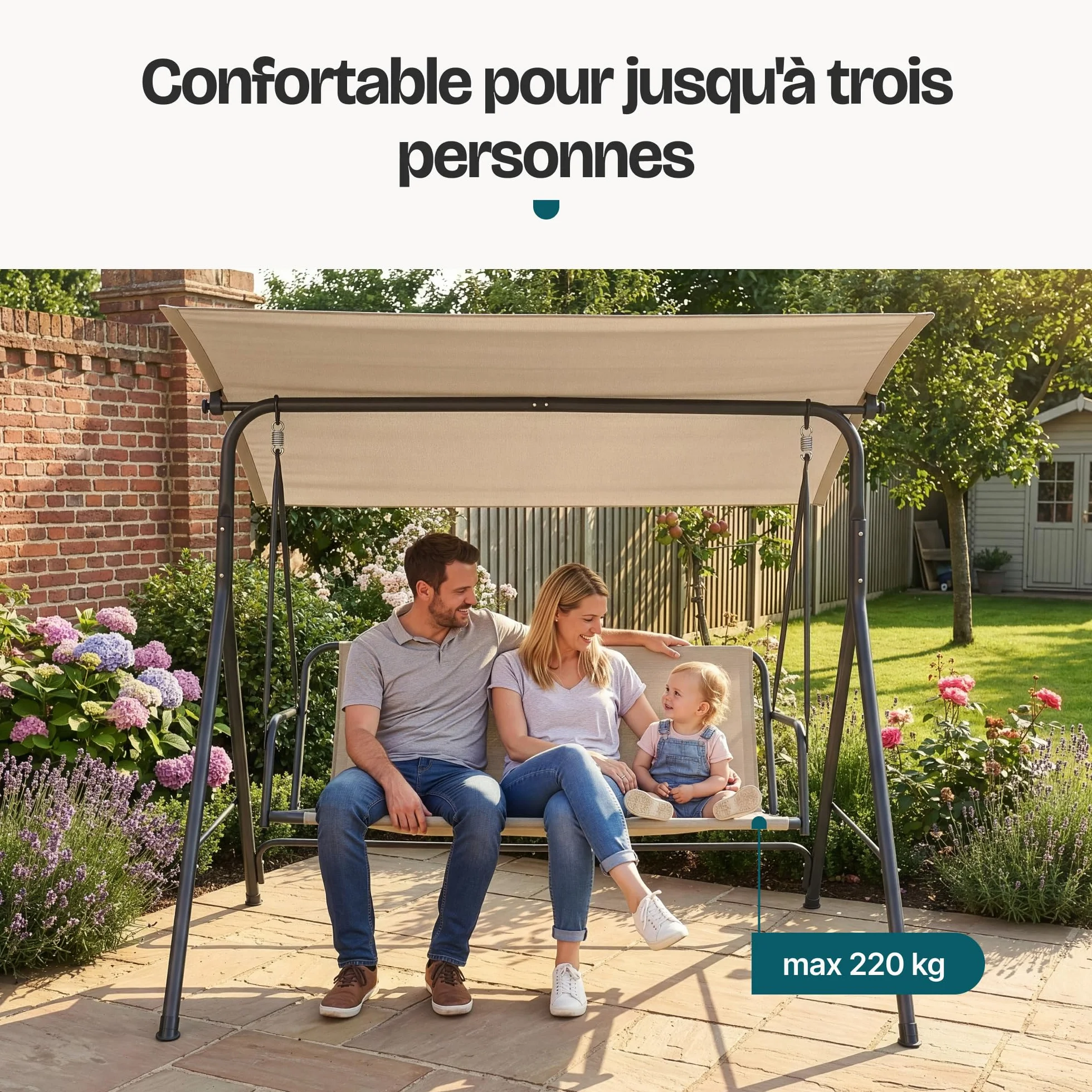 Balancelle de Jardin pour 3 Personnes avec Toit Solaire Réglable Stable Résistant aux UV et à l'eau Acier Polyester Plastique 173 x 119 x 153 cm Vert Clair Beige