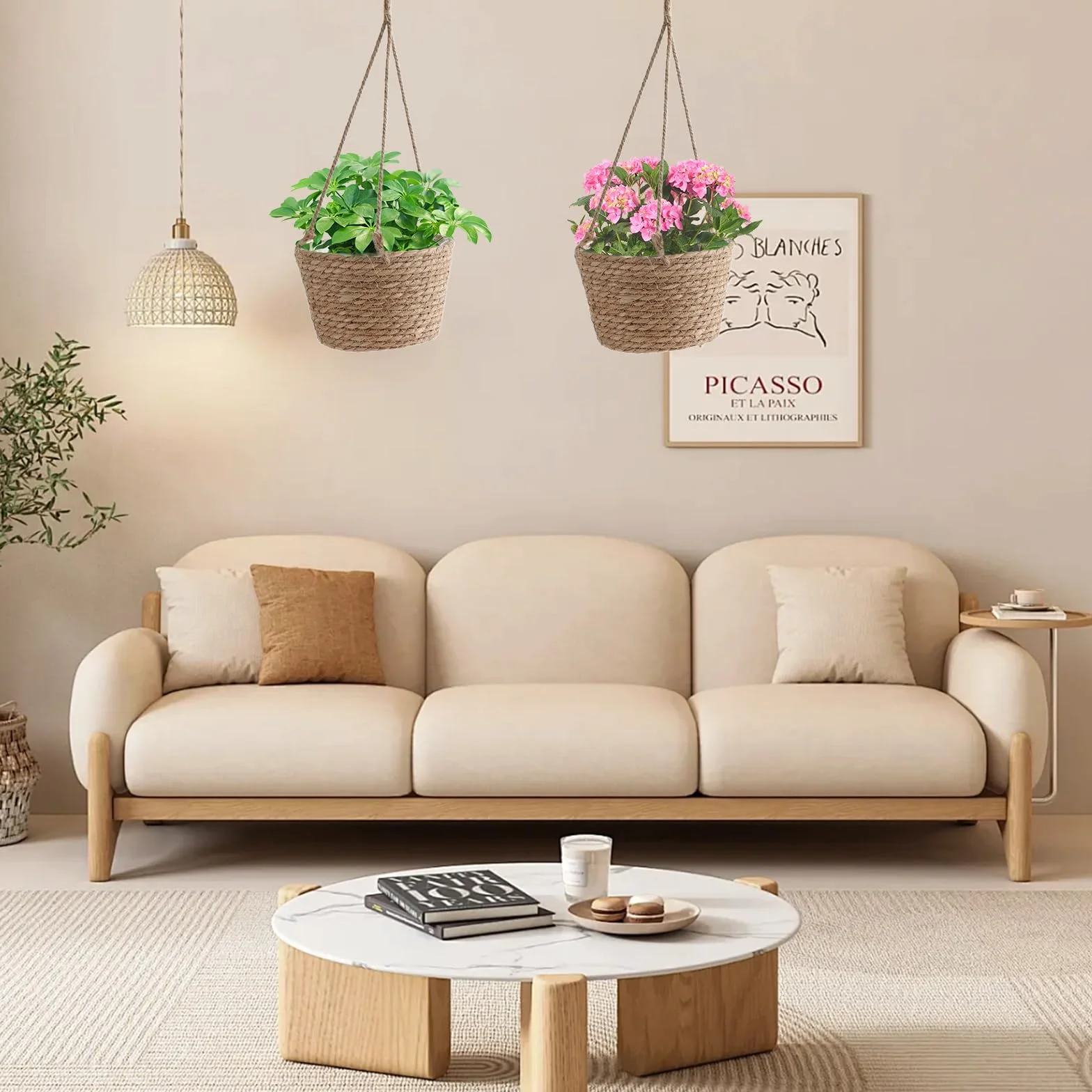 Lot de 2 Pot de Fleurs Suspendu en Jonc de Mer 20 cm Jardinière Suspendue Bohème