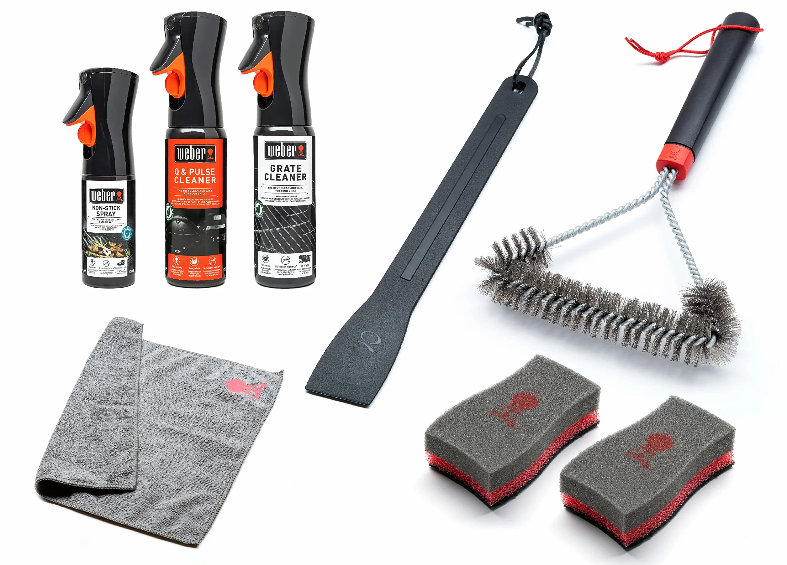 Weber Kit de nettoyage pour barbecues Q et Pulse - Nettoyant grilles, huile anti-adhérence, brosse 3 côtés, grattoir, chiffon microfibre, 2 éponges