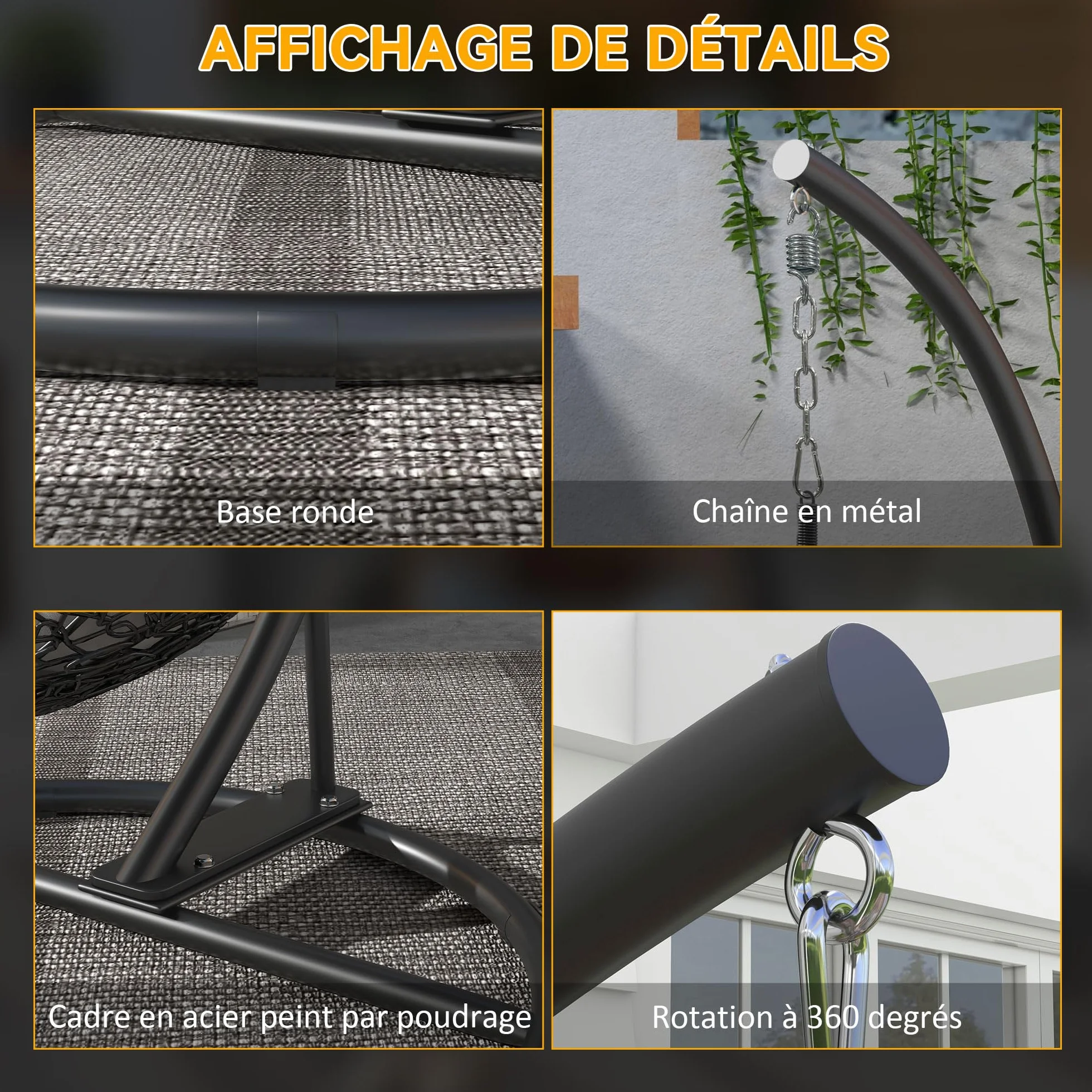 Outsunny Support Fauteuil Suspendu Base Ronde Métal 150 kg Ø102x195 cm Noir