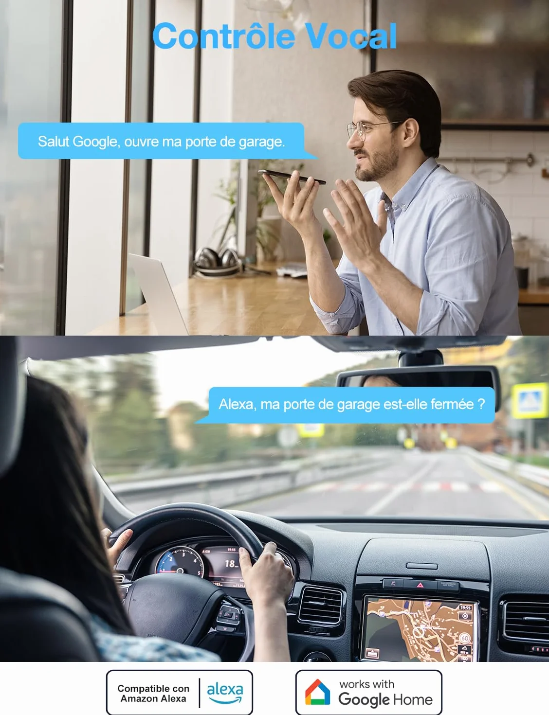 Maxcio Ouvre-Porte de Garage Connecté Wi-Fi, Compatible avec Alexa/Google Home, Contrôle par Application, Commande Vocale, Fonction de Temps, Compatible avec Alimentation CC et CA