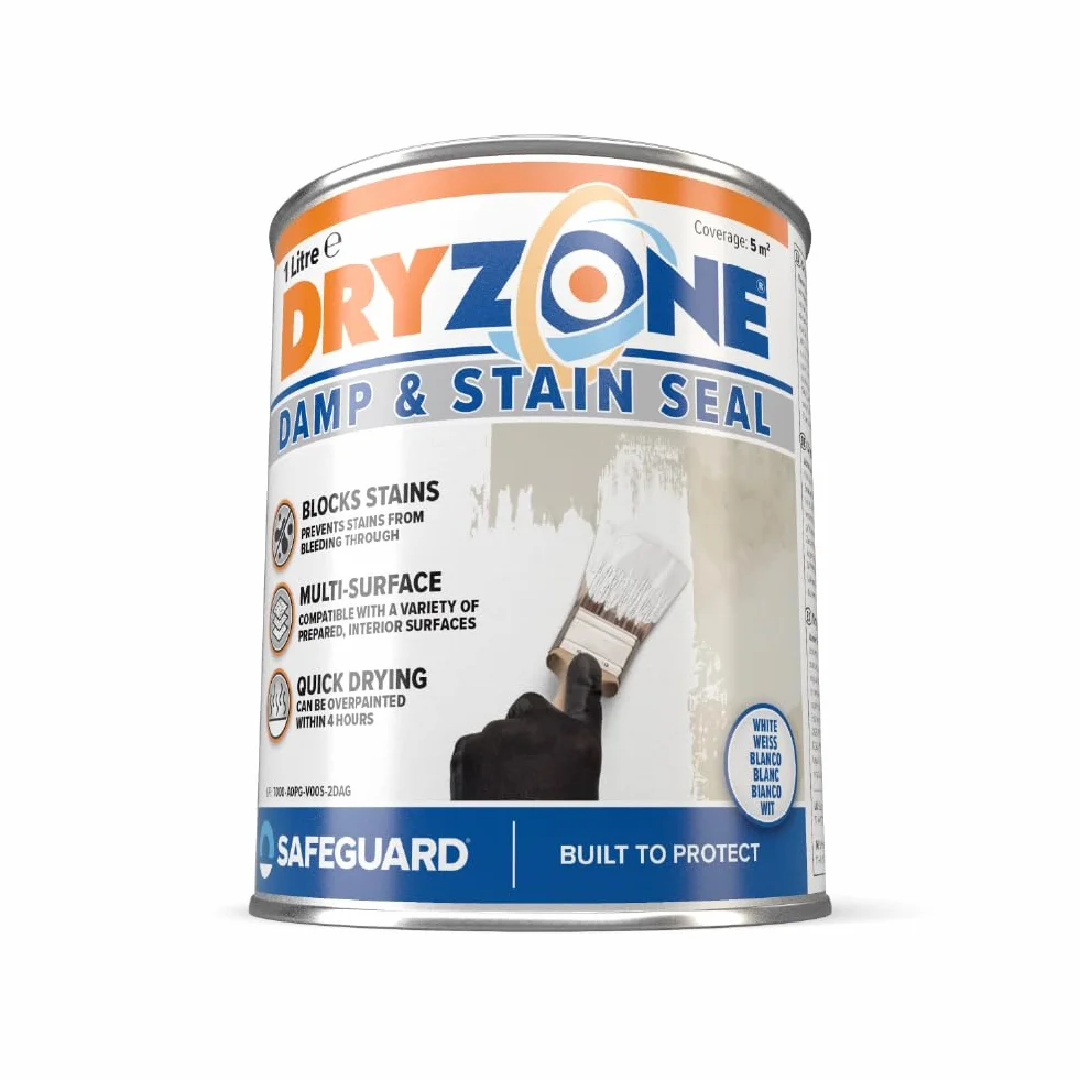 Dryzone Peinture Anti-Humidité et Anti-Taches – 1 L – Blanc Mat Intérieur – Recouvre taches d'humidité, d'huile... – Sous-Couche pour Plâtre, Ciment, Pierre & Mortier