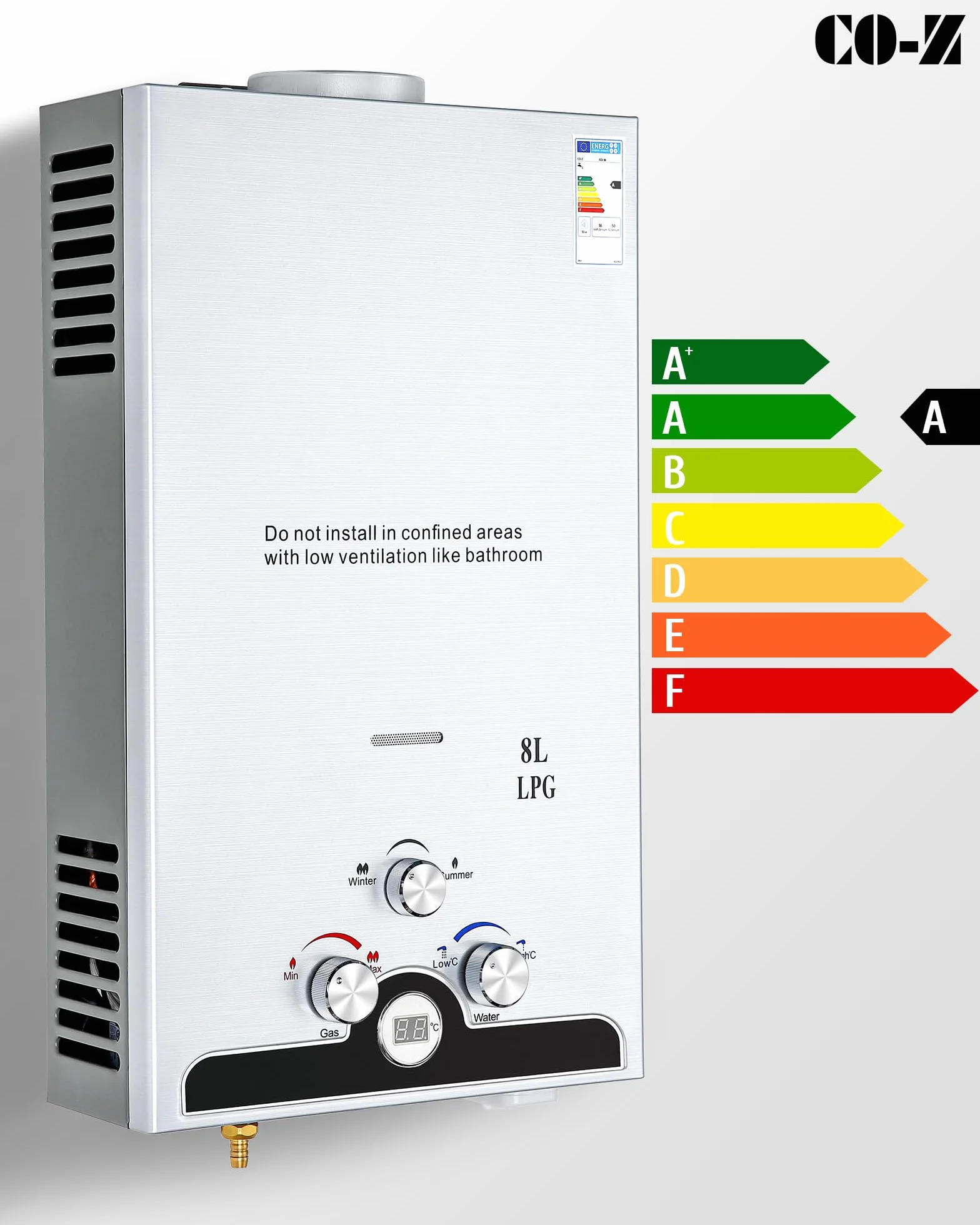 CO-Z Chauffe-Eau à Gaz Instantané 8LPM 13,6kW LPG GPL Acier Inoxydable CE Portable Maison Camping Caravane