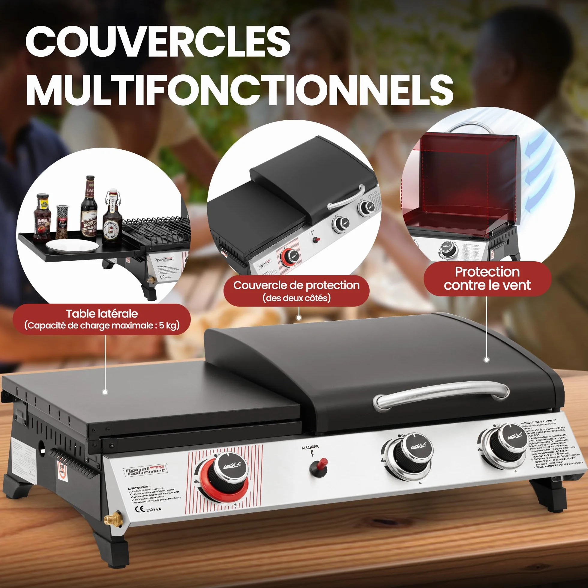 Royal Gourmet Barbecue Gaz Portable 3 Brûleurs 3 en 1 Plancha Grille 8.5kW Propane Noir