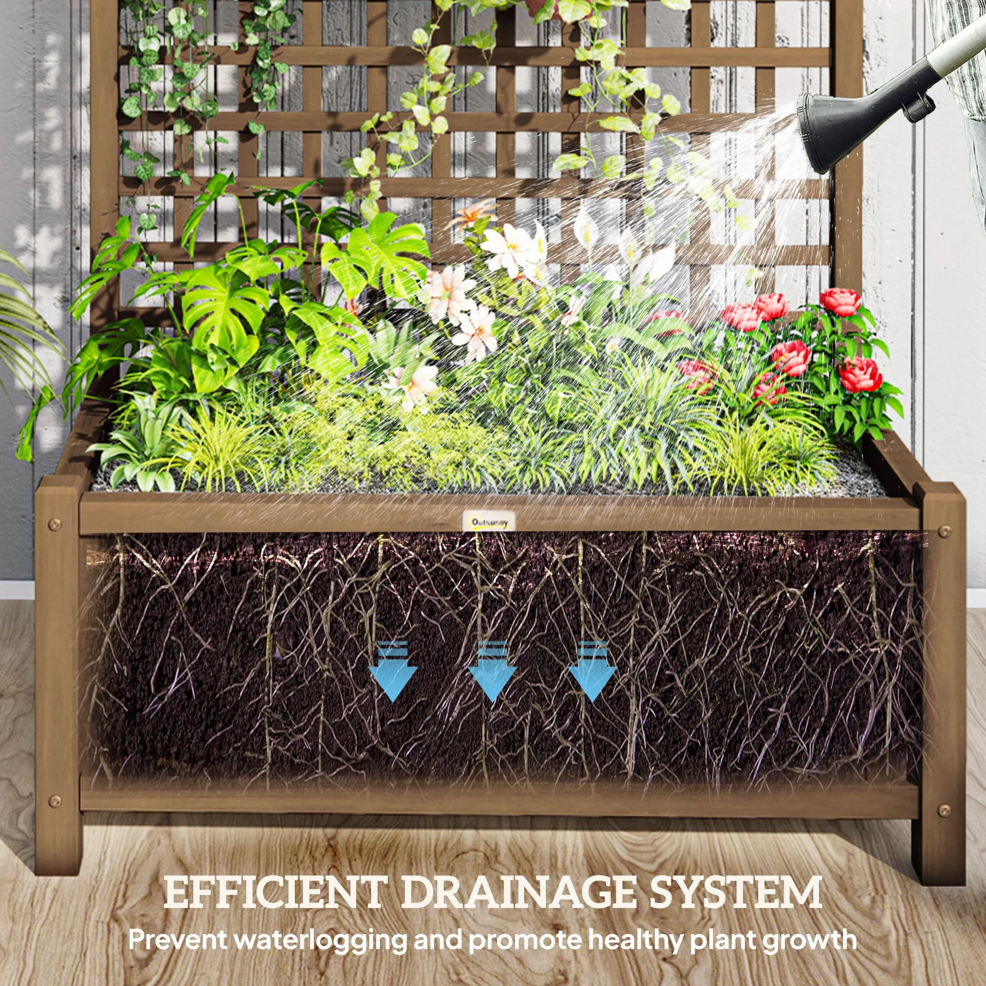 Outsunny Jardinière en Bois Treillis Plantes Grimpantes Plate-Bande Surélevée Trous Drainage