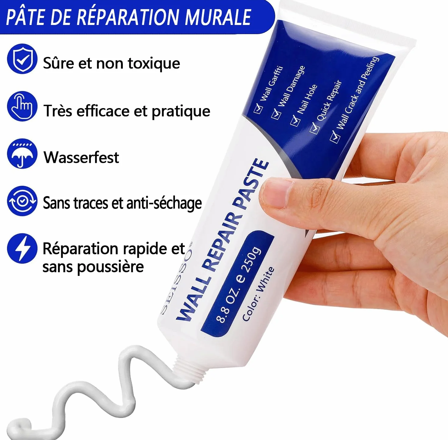 SEISSO 500g Crème de Réparation Murale,enduit de rebouchage,enduit de rebouchage prêt à l'emploi,Répare Efficacement les Rayures, Trous, Fissures, Graffitis Sur les Murs